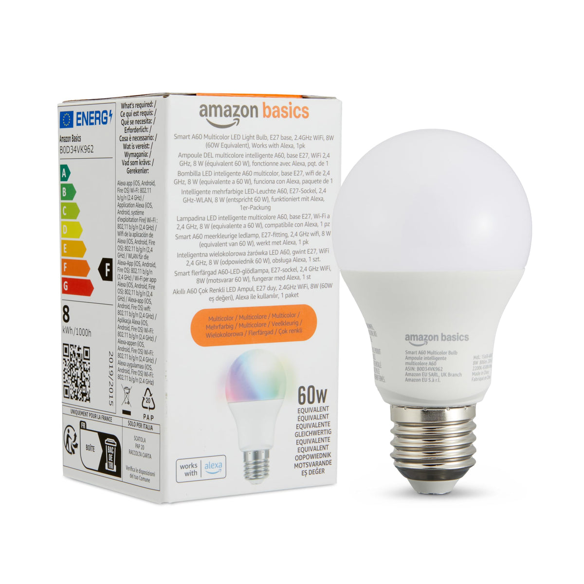 Amazon Basics Smart Dimmable LED Light Bulb, B22 Base, Soft White, 8W (60W Equivalent), Works with Alexa Only, 1 Pack