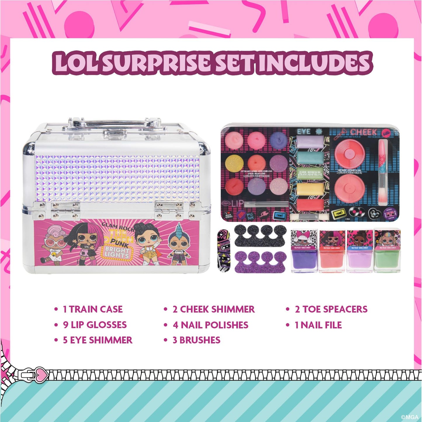 L.O.L. Surprise! Kids Makeup Set for Girls, Includes Lip Gloss, Eye Shimmer, Nail Polish, Hair Accessories in Train Case, Perfect for Parties, Sleepovers & Makeovers, Ages 5+ by Townley Girl