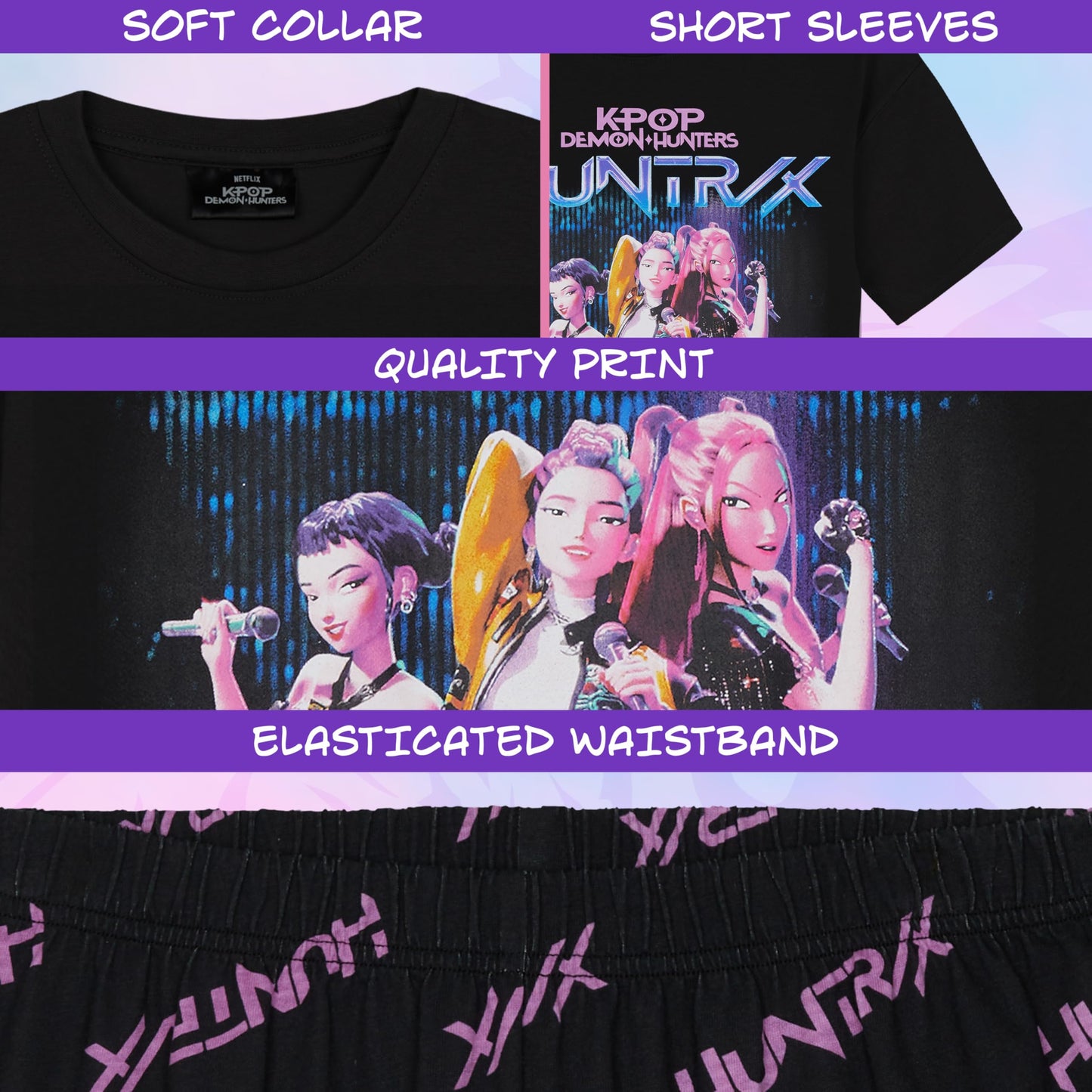 KPop Demon Hunters Official Girls Pyjama Set 5-14 Yrs, 2 Pcs Pjs Shorts & T-shirt, Huntrix Saja Boys Derpy Tiger Merch Gifts