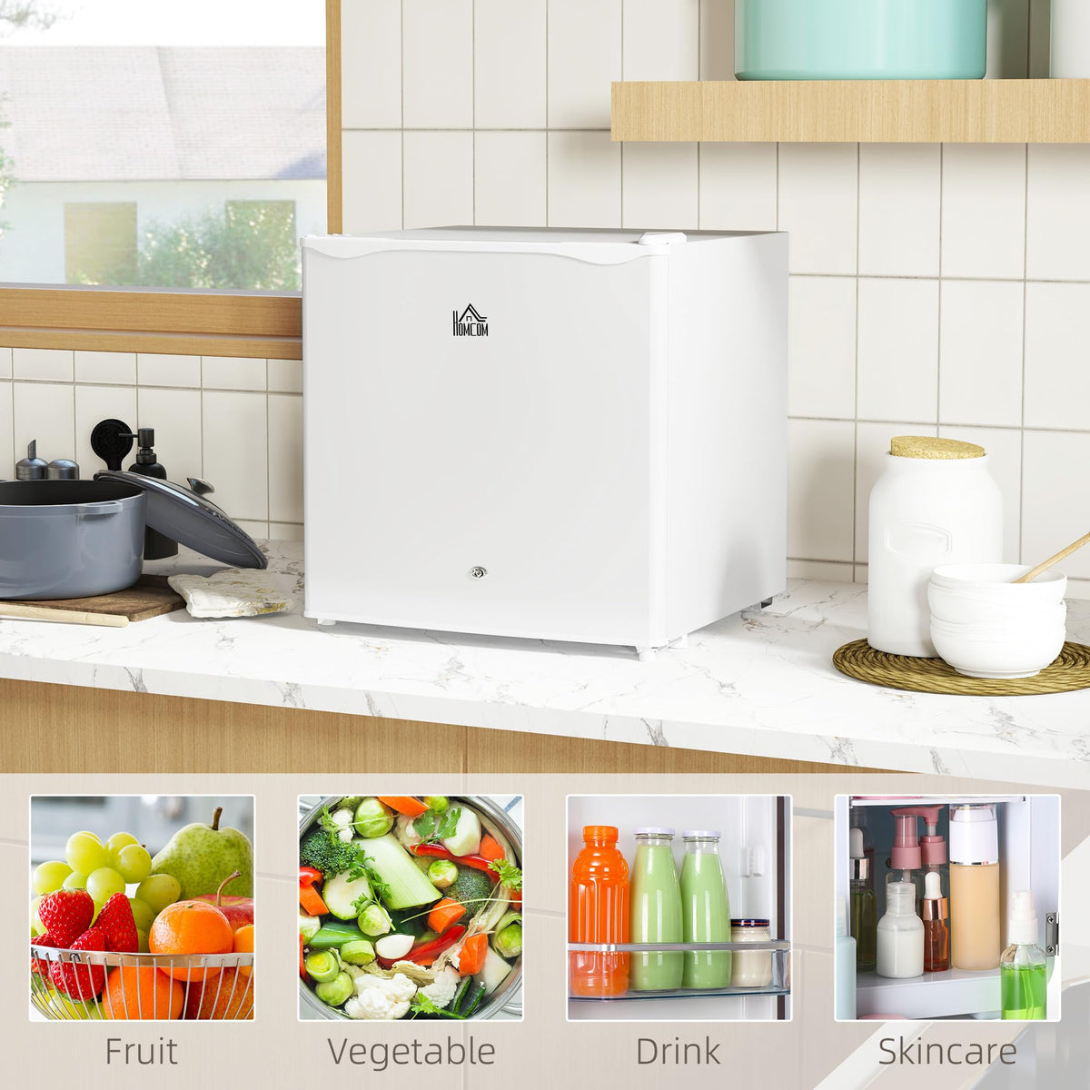 HOMCOM 46L Table Top Mini Fridge with Ice Box, Reversible Door, Cream