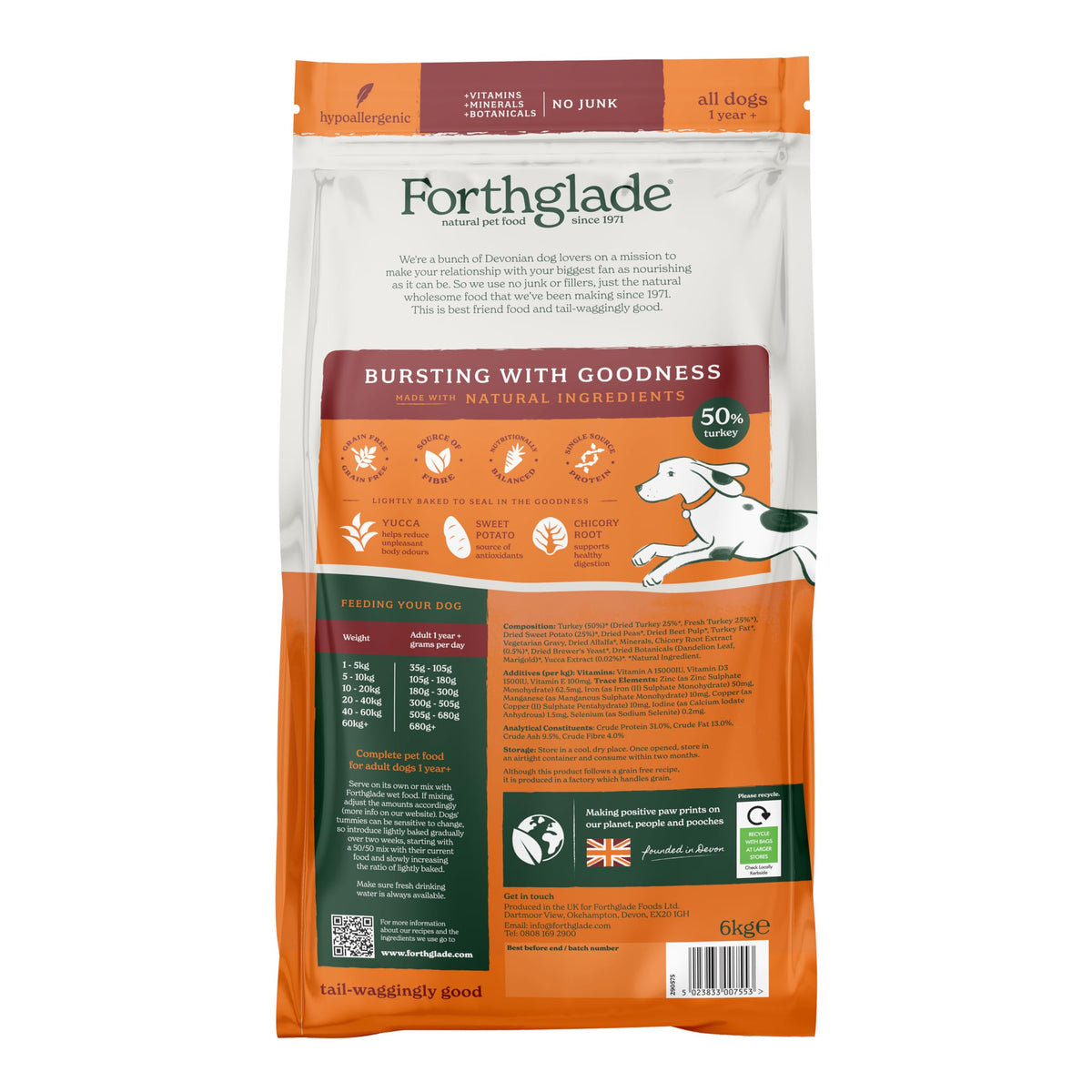 Forthglade Dry Dog Food, Lightly Baked, (2kg), Hypoallergenic and Grain Free Dog Food, Adult 1 Year +, Turkey With Sweet Potato, Completed and Balanced Meal, 50% Single Source Protein