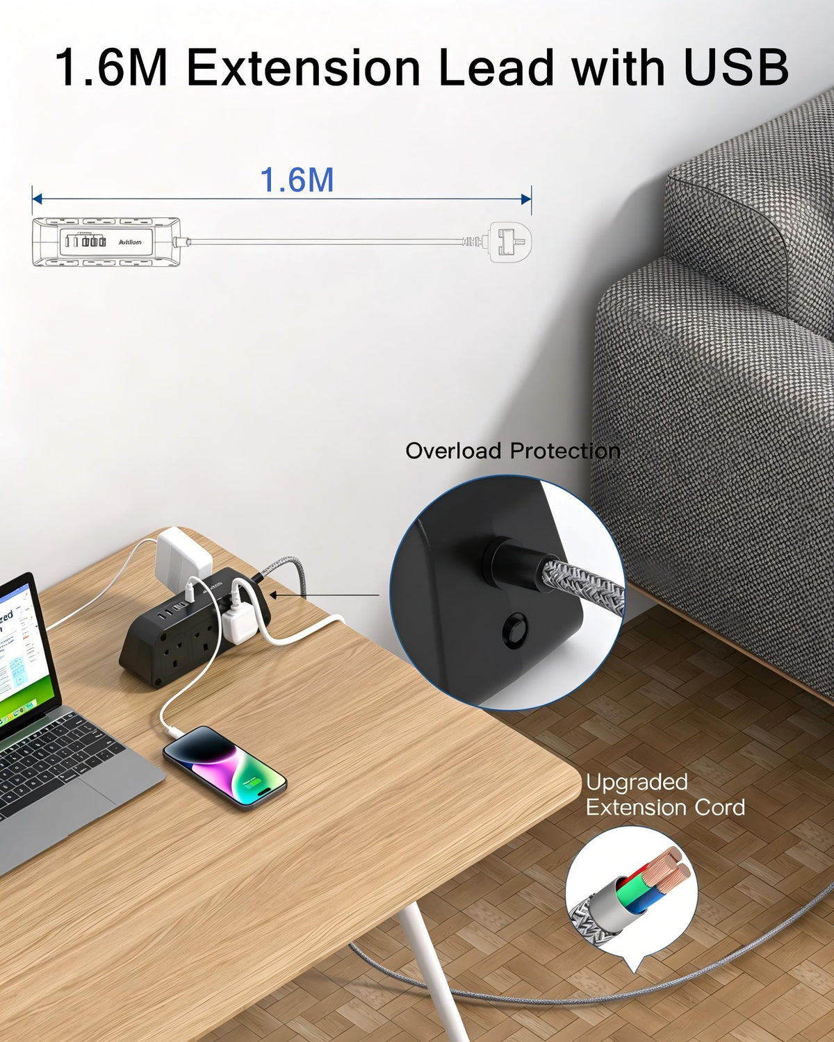Addtam Extension Lead with USB Slots, 6 Way Outlets 5 USB(5A, 3USB- C Port)