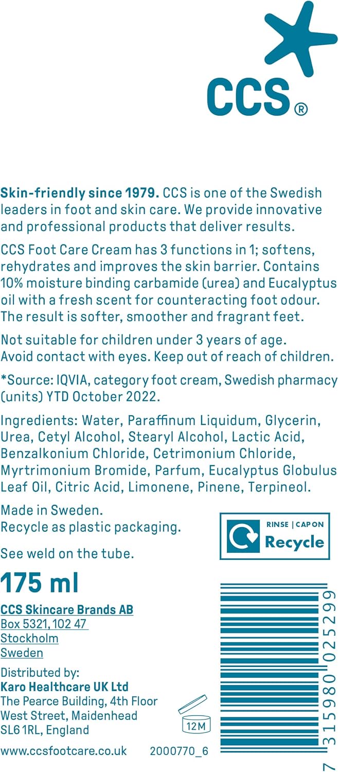 CCS Professional Foot Care Cream 175 ml - Moisturise and Protect Dry and Callused Feet, Contains 10% Urea and Eucalyptus Oil, Clinically Tested, Suitable for Diabetics