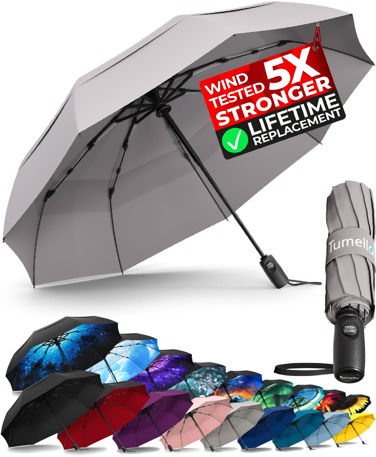 TUMELLA Strongest Windproof Travel Umbrella (Compact, 100MPH Wind-Tested)