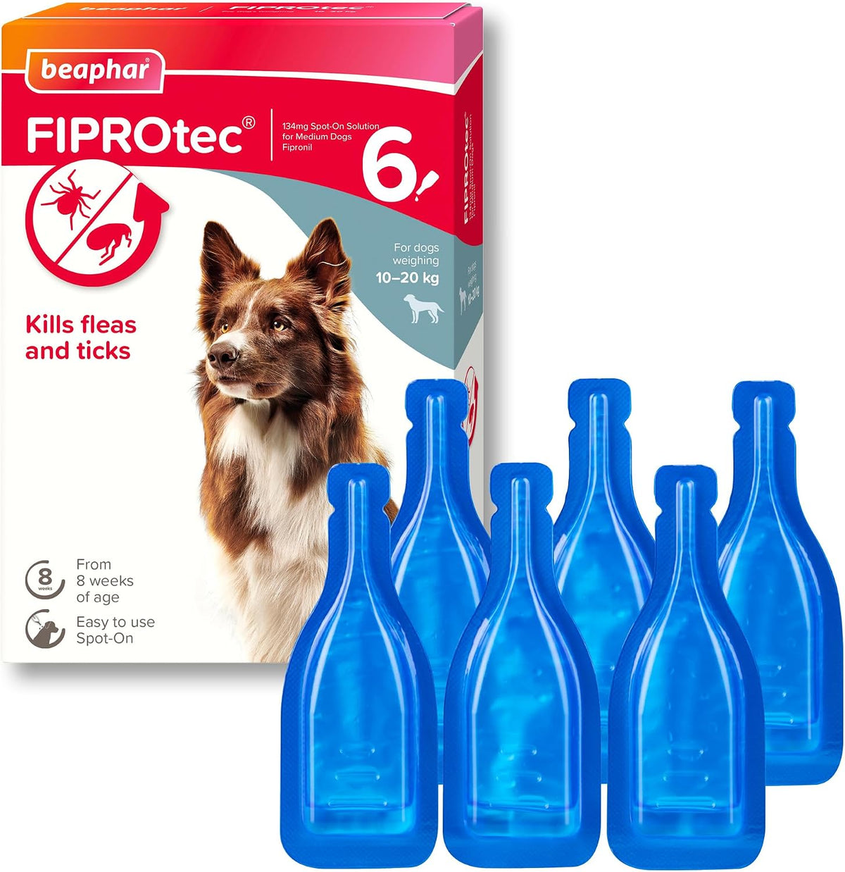 Beaphar - FIPROtec Spot-On Flea & Tick Treatment for Medium Dogs 10-20kg - 6 Pipettes - Kills Fleas & Ticks – Veterinary Medicine - Easy to Apply Monthly - Suitable for Dogs & Puppies from 8 Weeks