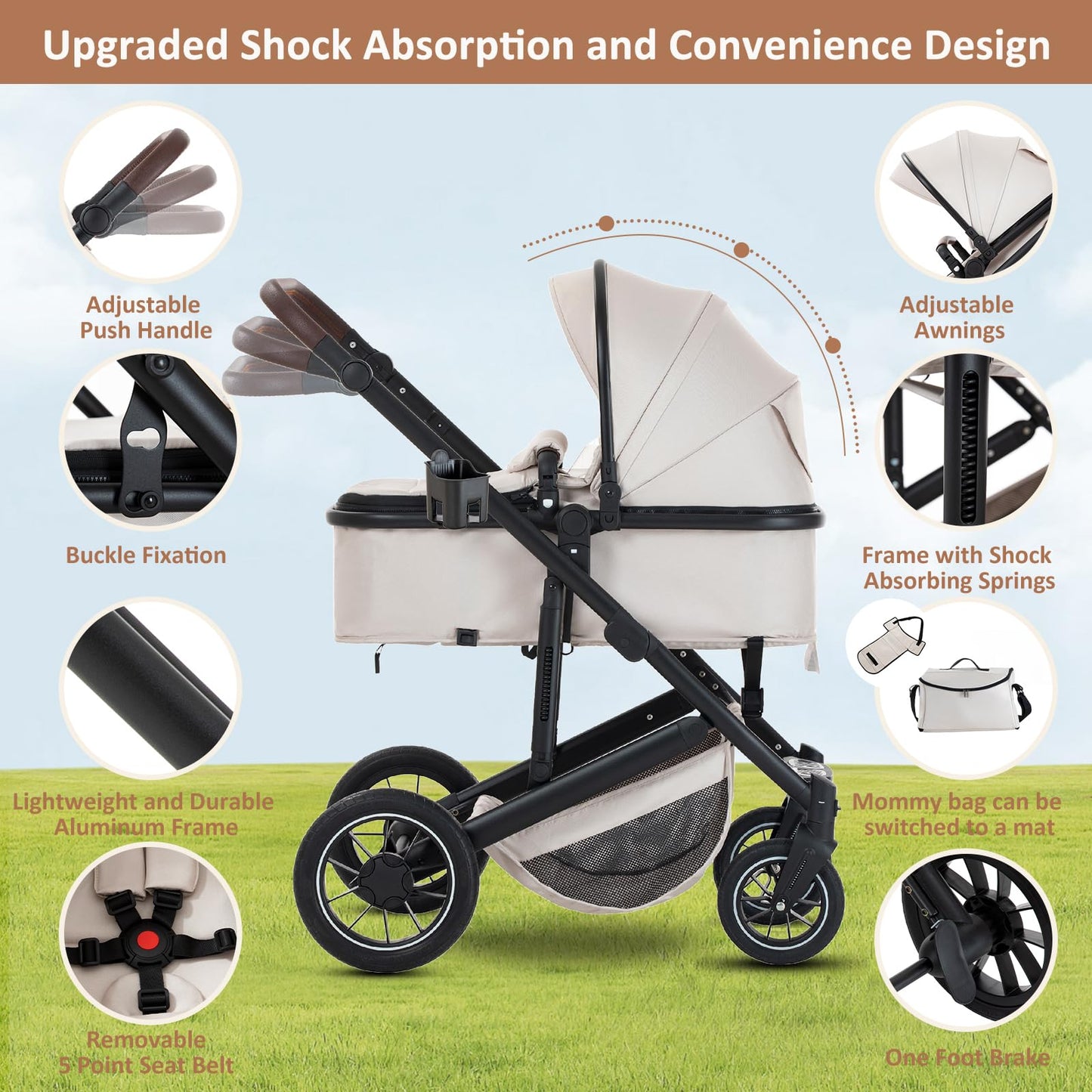 Zkipm Baby Pram 3 in 1, Foldable Baby Stroller,Pram Set Travel with Adjustable-Height Push Handle, Present Rain Cover, Mosquito Net, Bag, Cooling Mat, ect for Ages 0–3