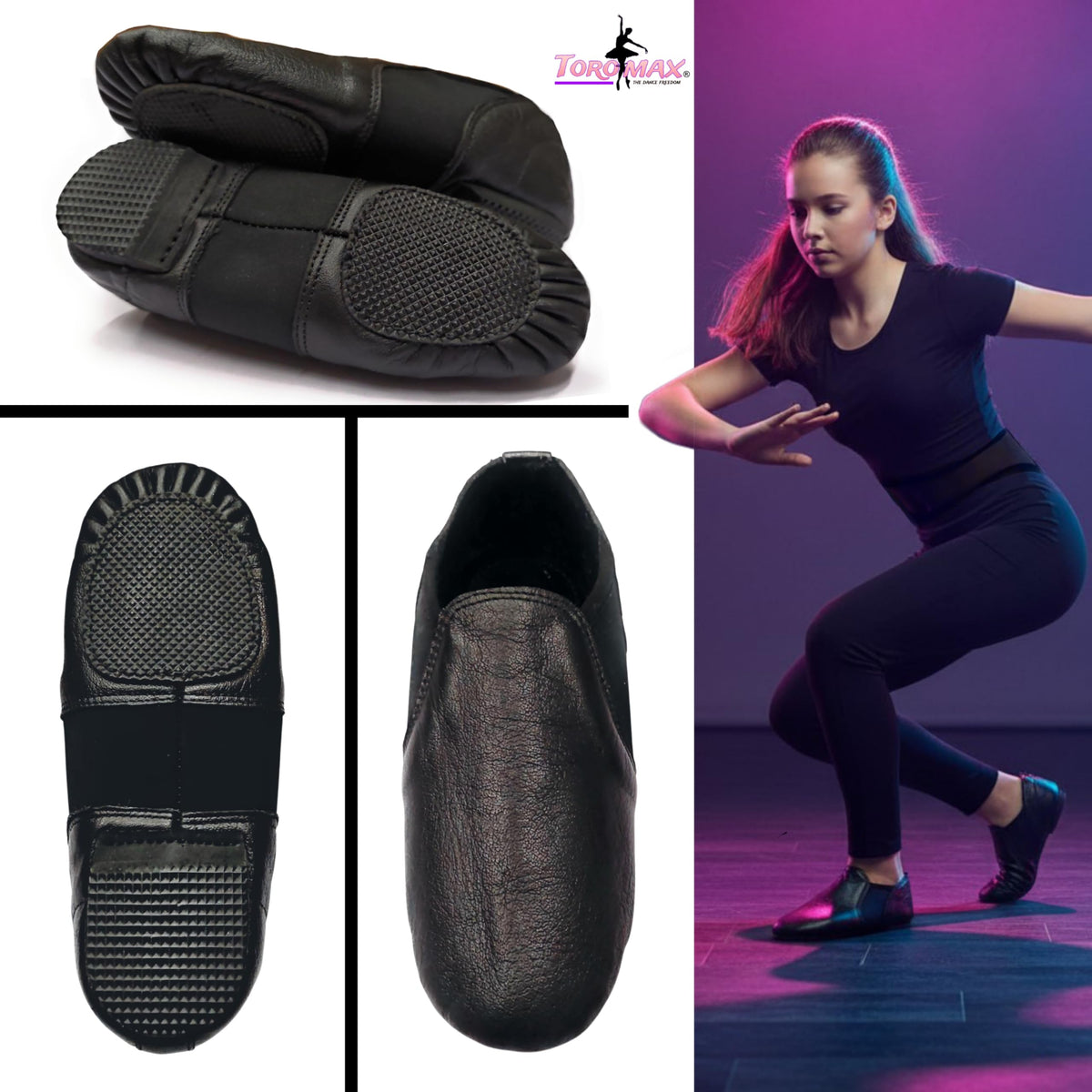 Slip On Jazz Dance Shoes - Black Leather - Modern Stage Rubber Heel Split Sole – Neoprene - Irish Dancing Pumps for Kids, Girls & Children