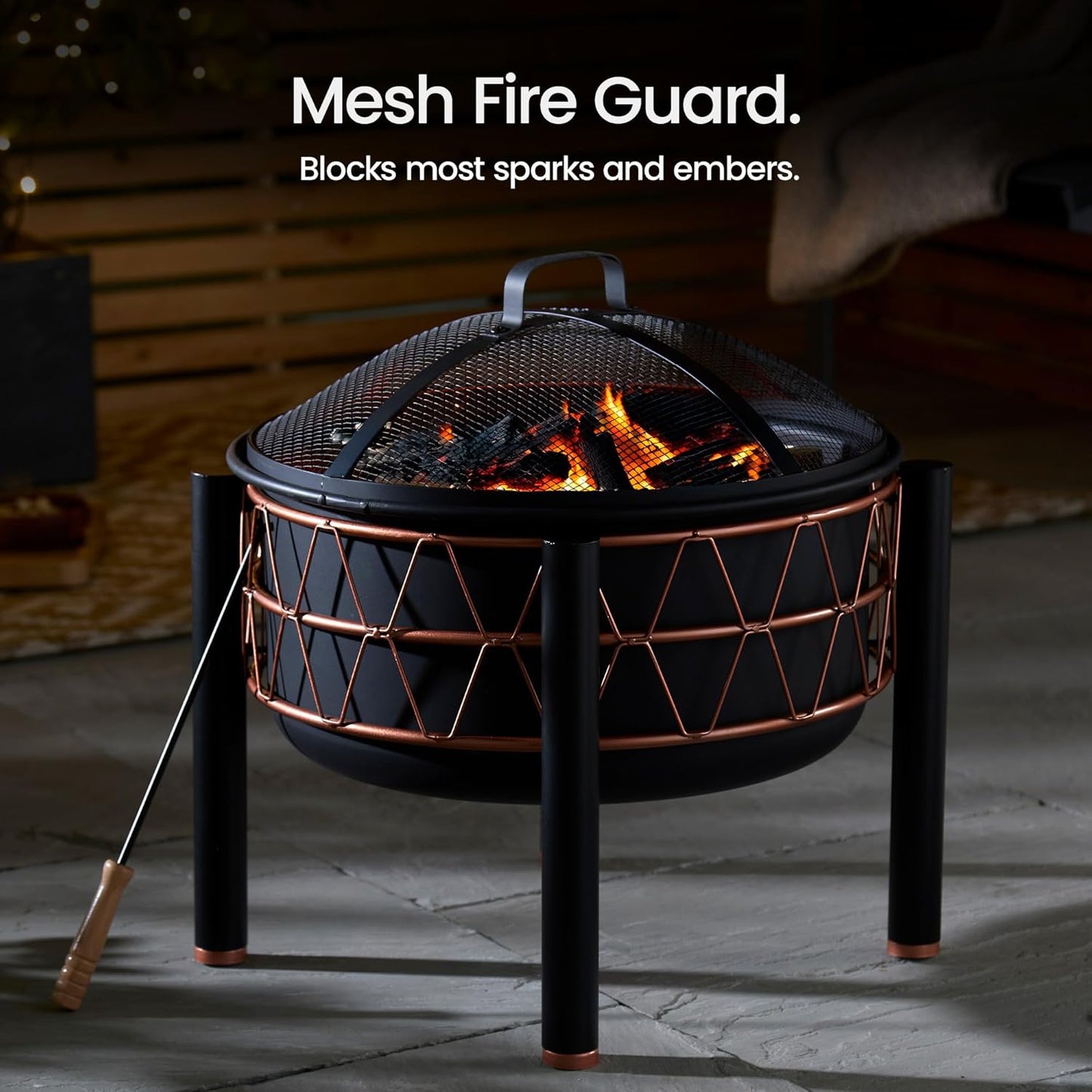 VonHaus Fire Pit – 2 in 1 Firepit with BBQ Cooking Grill for Outdoor, Garden, Patio – Black Steel with Copper Detail, Fire Poker & Mesh Cover Included – Use Wood or Charcoal to Fuel