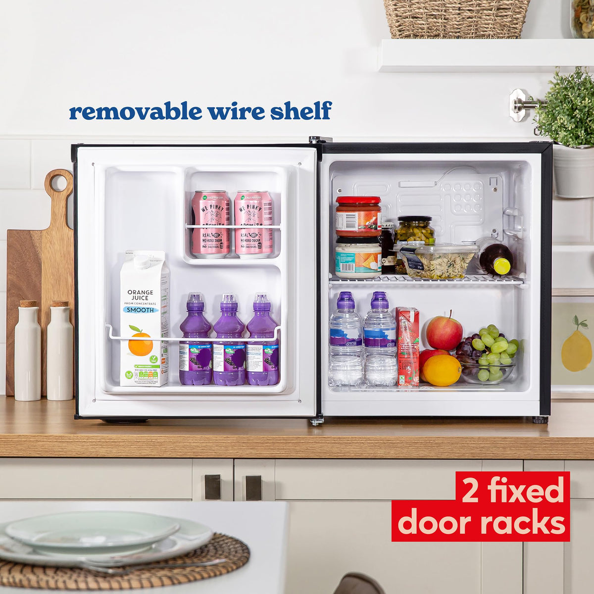 Russell Hobbs Table Top Larder Mini Fridge 66L Capacity, Reversible Door & Adjustable Feet, 0 to 8 Degrees Manual Temperature Control, Silver RH67TTLF0E1SS