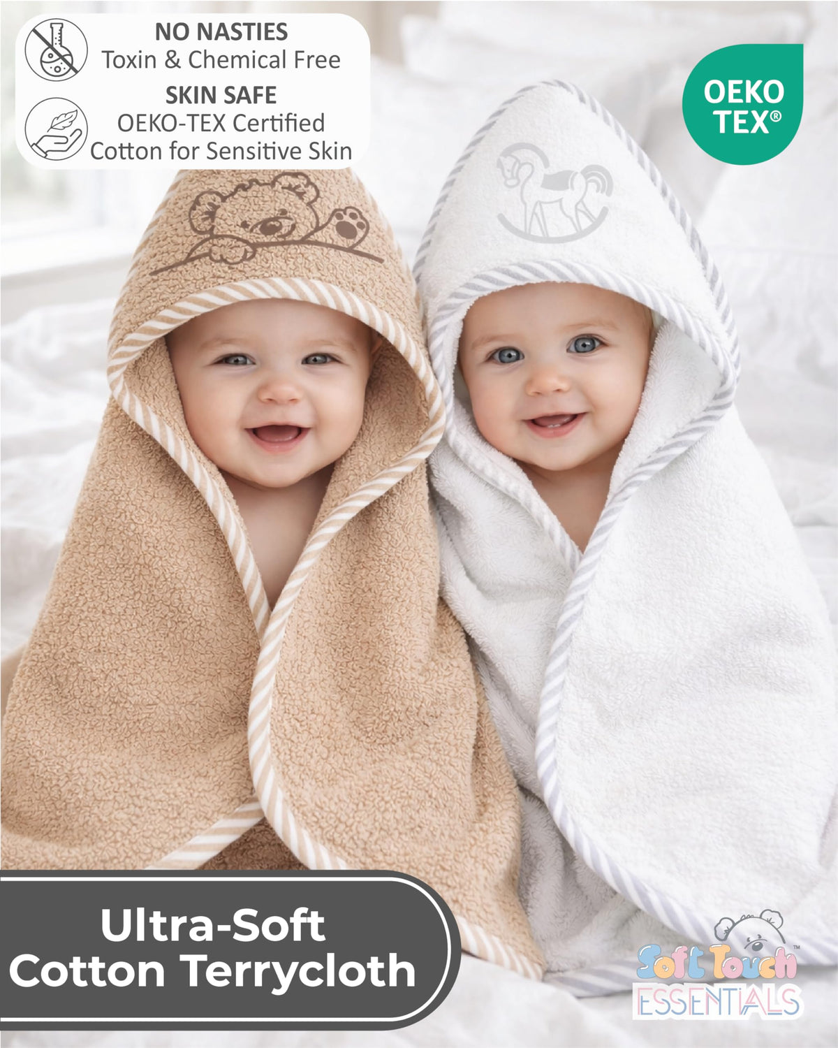 Soft Touch Newborn Essentials 100% Cotton Embroidered Hooded Baby Towel 70 x 70cm for Baby Boys and Girls 0-24 Months (2-Packs)