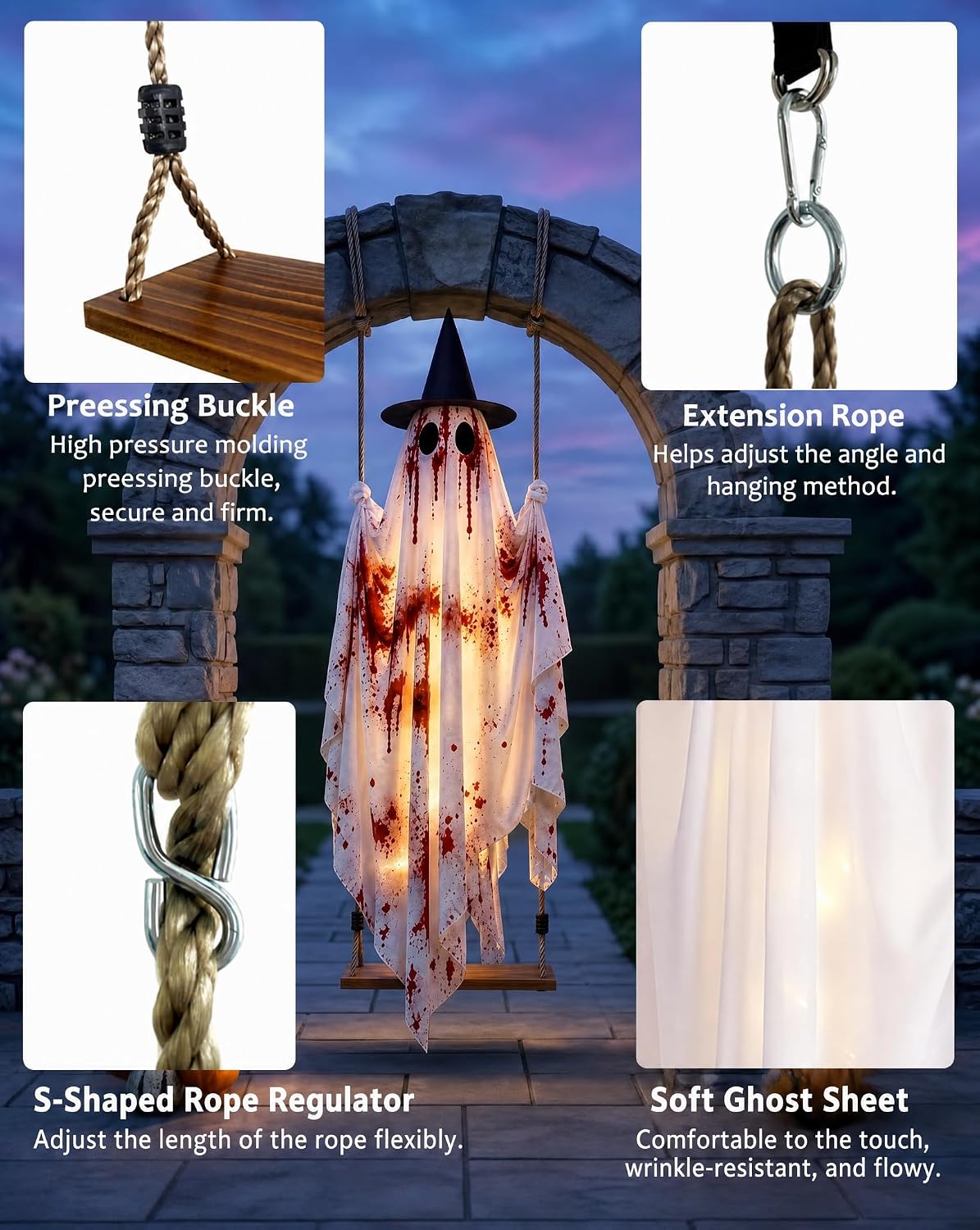 5 FT Hanging Swing Spooky Ghost Halloween Outdoor Decoration