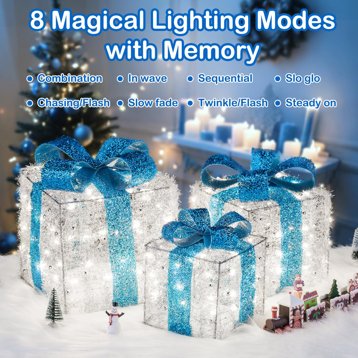 Set of 3 Blue Lighted Boxes, Silver Bows, Christmas Decor Indoor/Outdoor