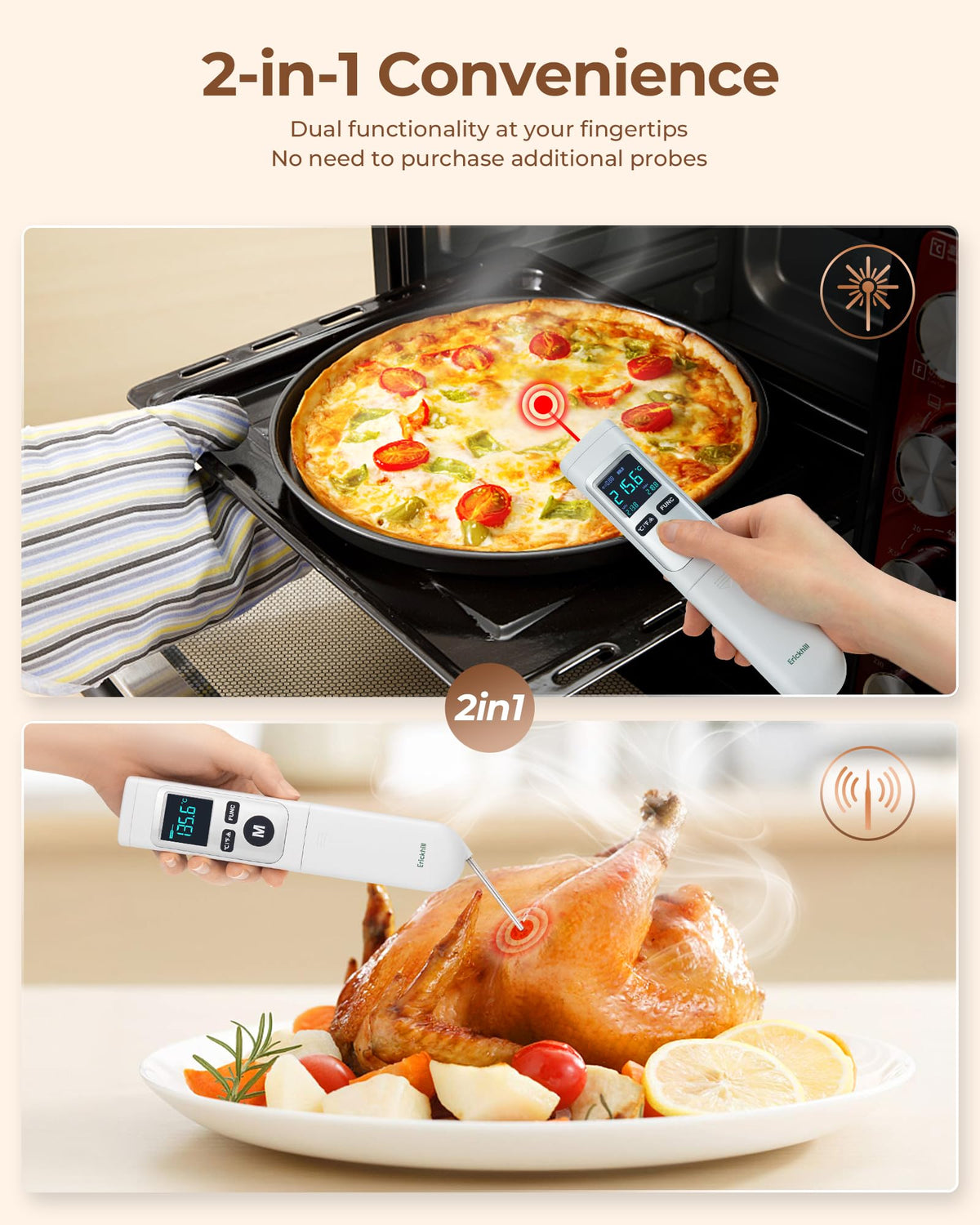 ERICKHILL Infrared Thermometer -50℃~550℃ With -50~260℃ Meat Thermometer, Non-Contact Laser Thermometer Gun LCD Backlit Digital Display Adjustable Emissivity - for Vehicle Repair/Cooking/BBQ/Freezer
