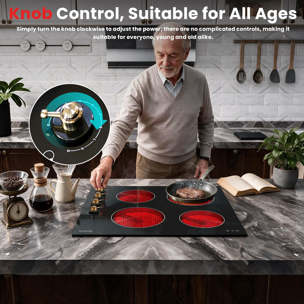 Karinear Electric Ceramic Hob 60cm 4 Zones with Built-in Extractor Hood