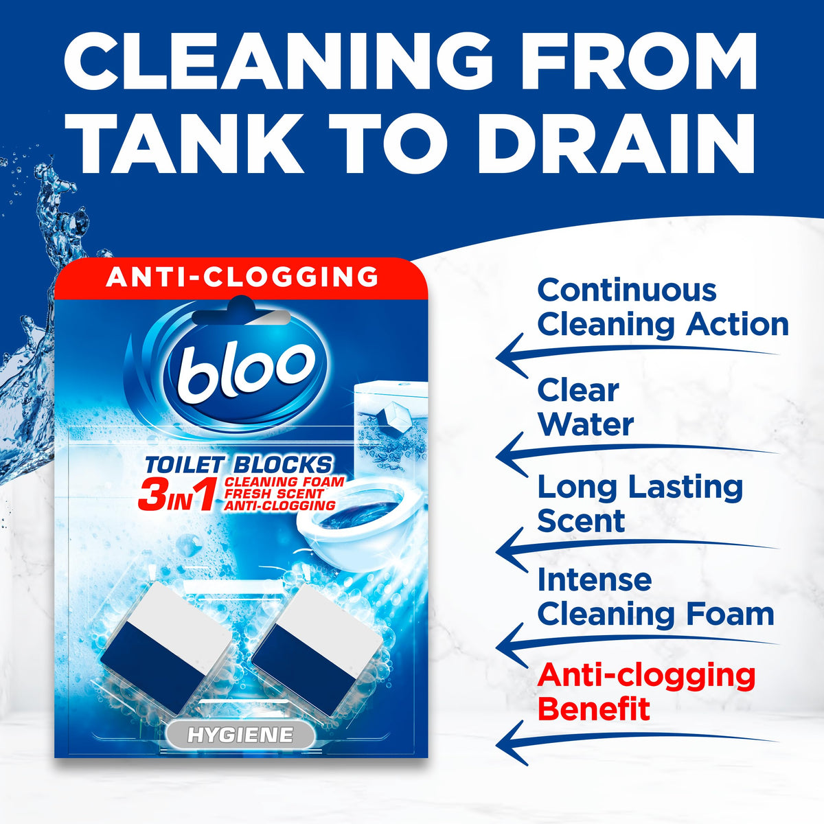 Bloo New 3in1 Toilet Blocks, Pack of 2, Toilet Limescale Remover Cistern Block, Toilet Cleaner Block with Cleaning and Foaming Action, Toilet Fresheners - Limescale Prevention
