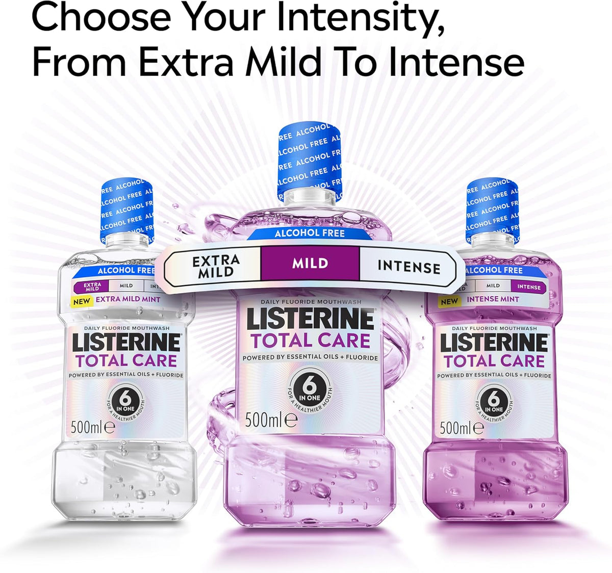 Listerine Total Care Mild Taste (Alcohol Free) Antibacterial Mouthwash (500ml), Fresh Mint Flavour with 6-in-1 Benefits, Helps Reduce Plaque and Freshens Breath