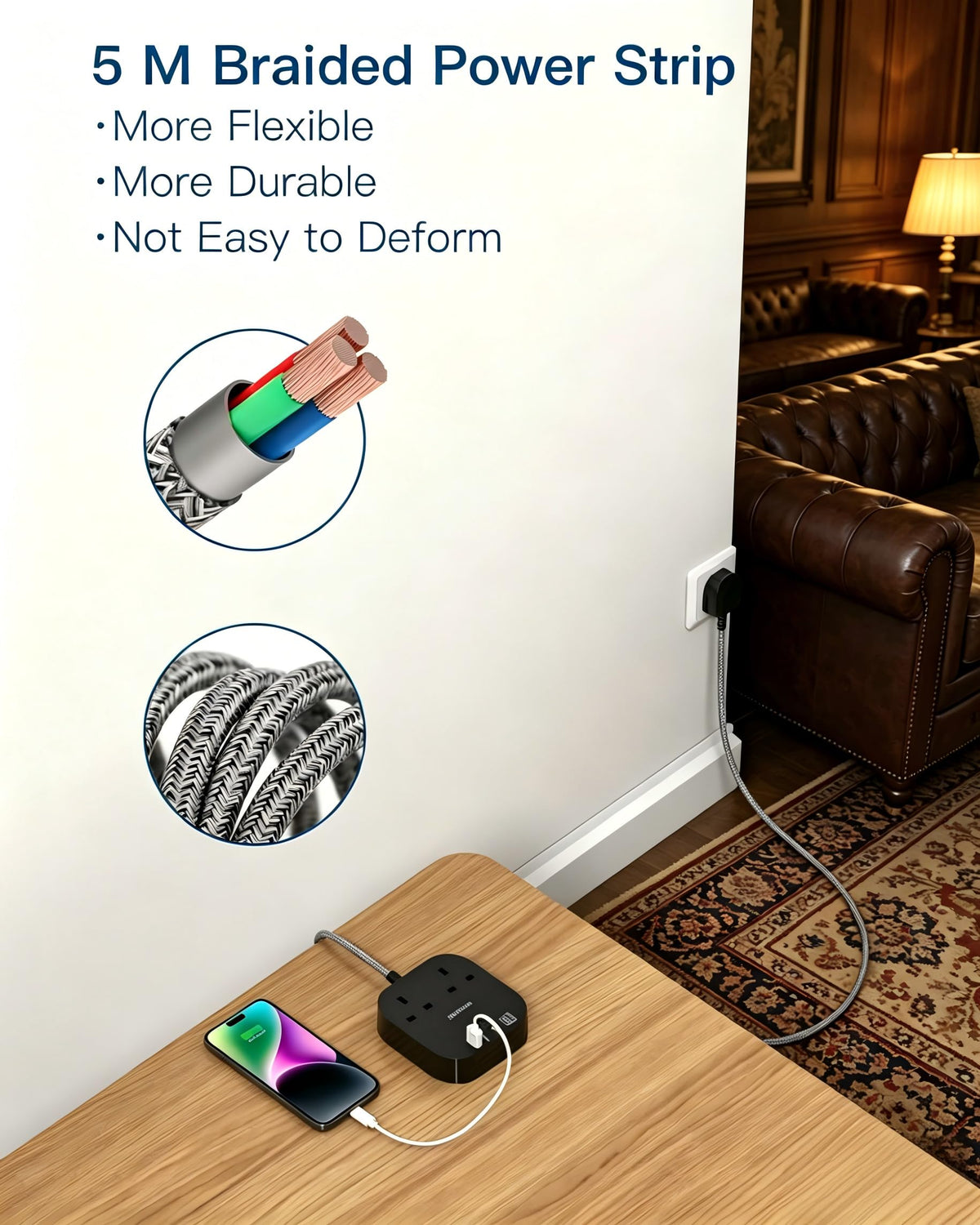 Addtam 3M Extension Lead with USB Slots, Power Strips with 2AC Outlets 4USB