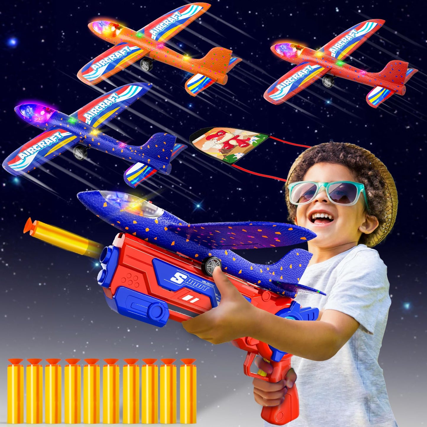 Doloowee Boys Toys for 3 4 5 6 7 8 Years Old, 1 Launcher with 3 Foam Glider Planes, Outdoor Garden Toys Birthday Present Gift for Kids 3 4 5 6 7 8 Year Old