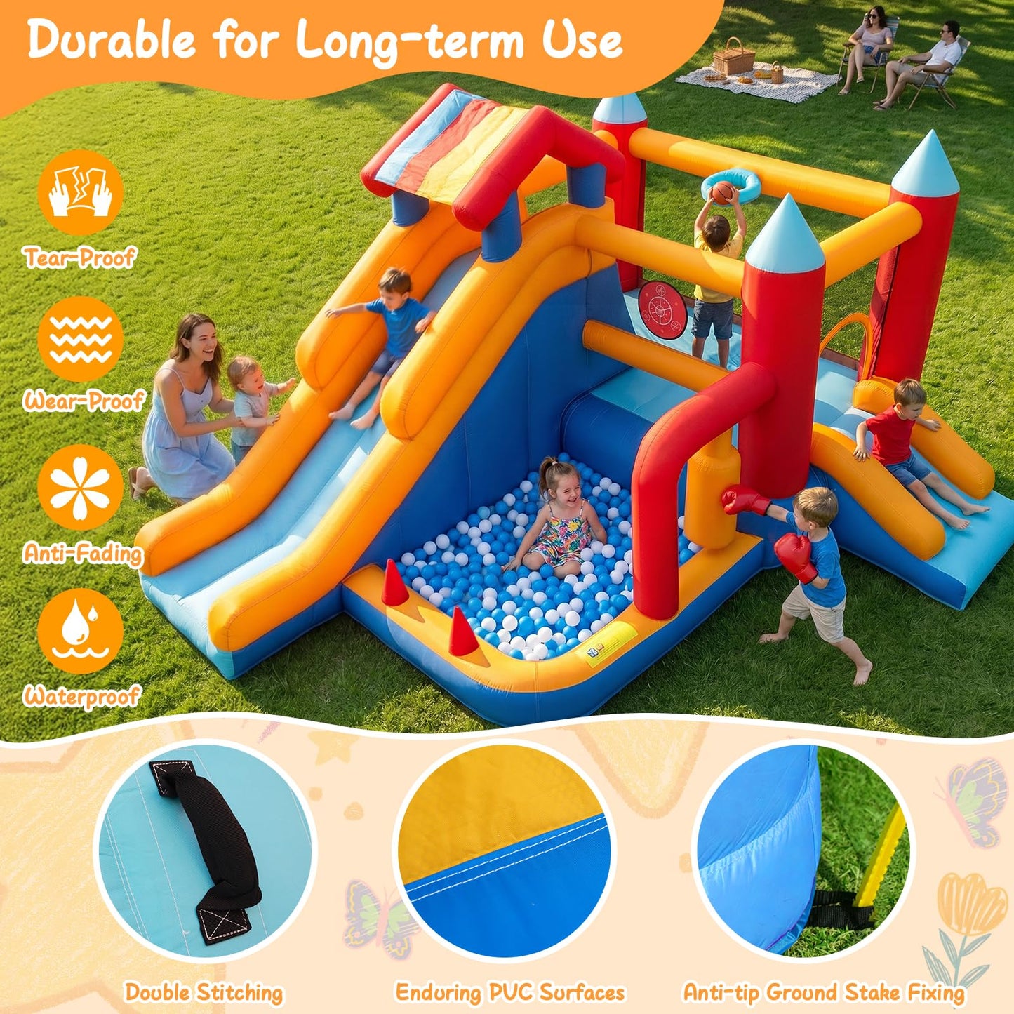 Bouncy Castle with Slide for Children: Inflatable Bounce House 9 in 1 - Kids Trampoline with Basketball Hoop & Climbing Wall, Indoor Outdoor Play Centre with Air Blower for Birthday Party Garden