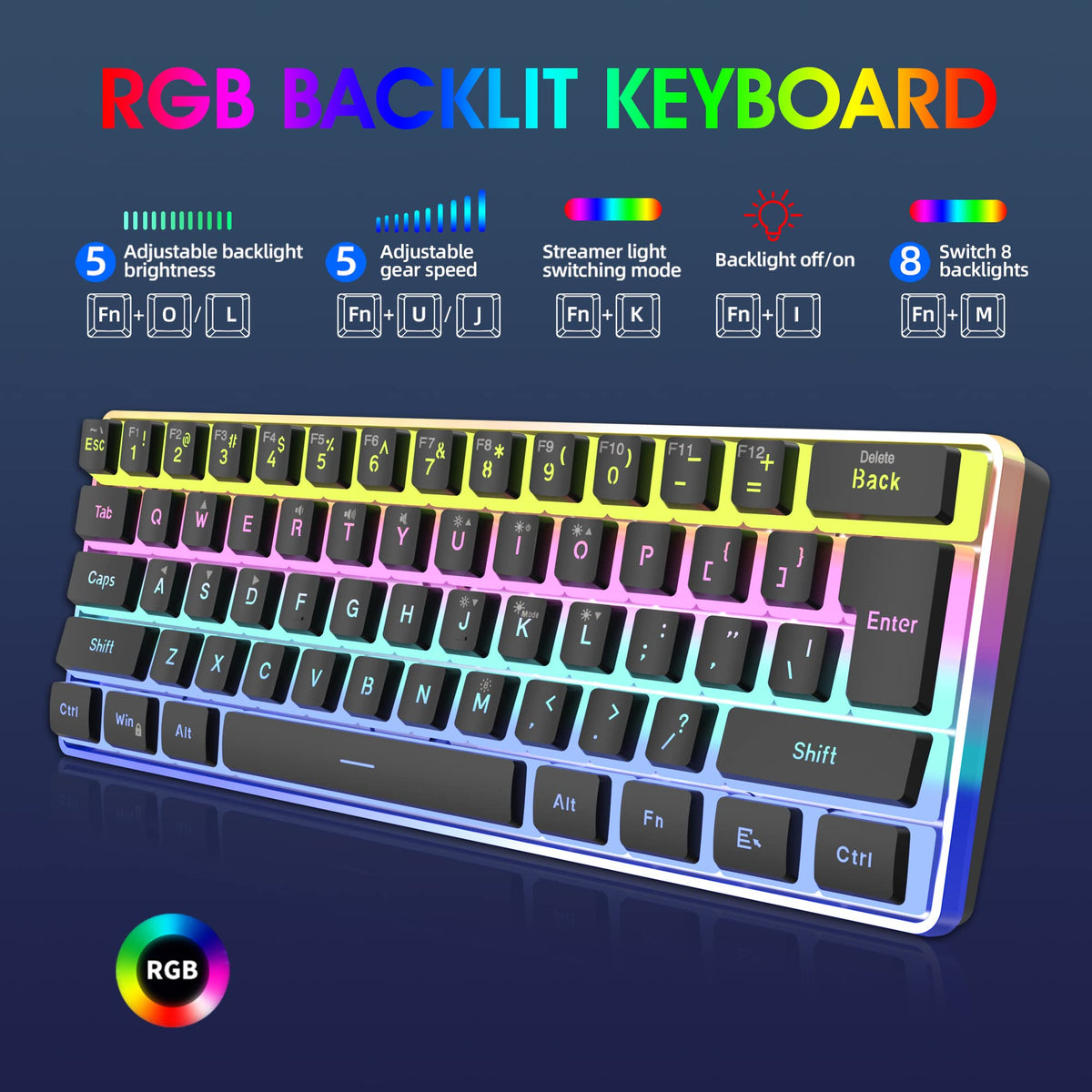 Snpurdiri Wired Mechanical Gaming Keyboard, 60% Size, LED Backlight, 61 Keys, Small Wired Office Keyboard for Windows Laptop/PC, Mac (Black-Red, Blue Switches)