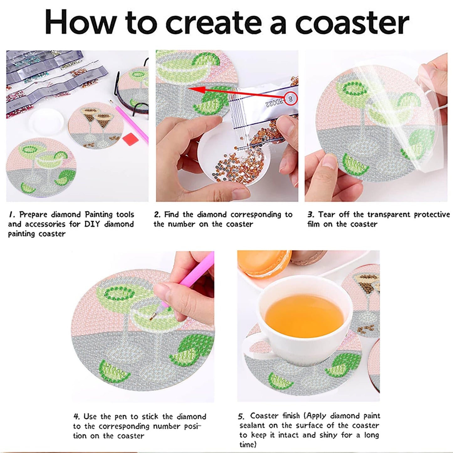 8Pcs Diamond Painting Coasters with Holder,DIY Cocktail Life Coaster Diamond Art Kits for Adults Kids,Beginners Round Full Drill Diamonds Art Craft Supplies