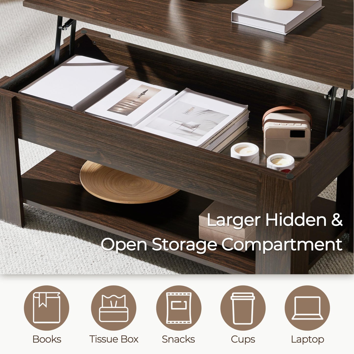Yaheetech Lift Up Coffee Table, Wooden Lifting Coffee Table with Hidden Storage Drawer and Open Shelf, Space-saving Tea Tables for Living Room/Reception, Espresso