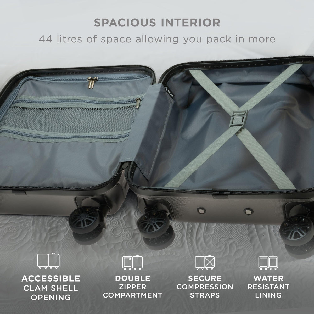Avio Carry-On Cabin Luggage 55x40x20cm | Hard Shell Suitcase 4 Wheels