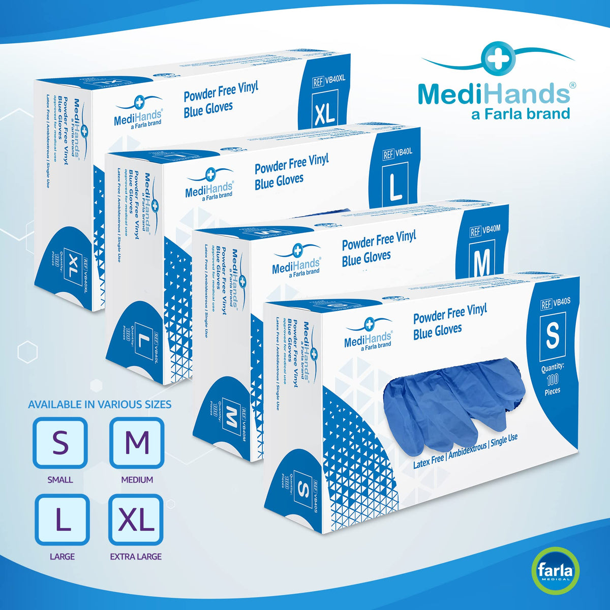 Farla MediHands Blue Medium Vinyl Gloves - Box of 100 Disposable Vinyl Gloves - Medical Gloves - Powder Free, Latex Free, & Protein Free Gloves - Multi-Purpose, Single Use