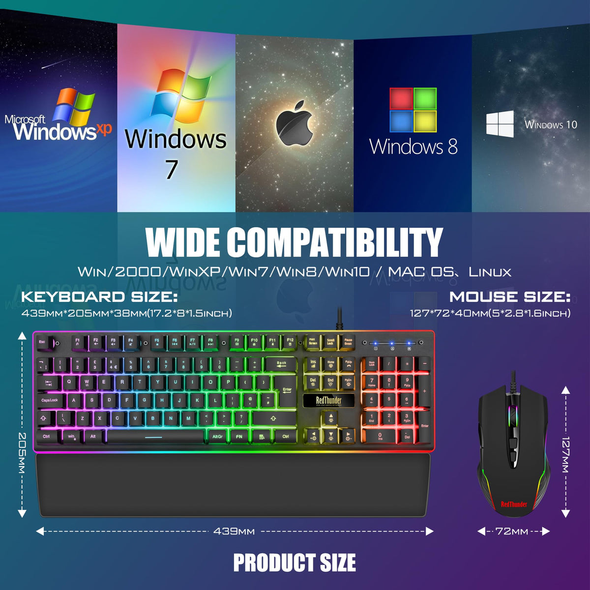 RedThunder K10 Wired Gaming Keyboard and Mouse Combo, UK Layout, True RGB Backlight, Soft Leather Wrist Rest, Ergonomic Anti-Ghosting Keyboard + 7D 7200 DPI Mouse for PC Mac (Gradient Gray)