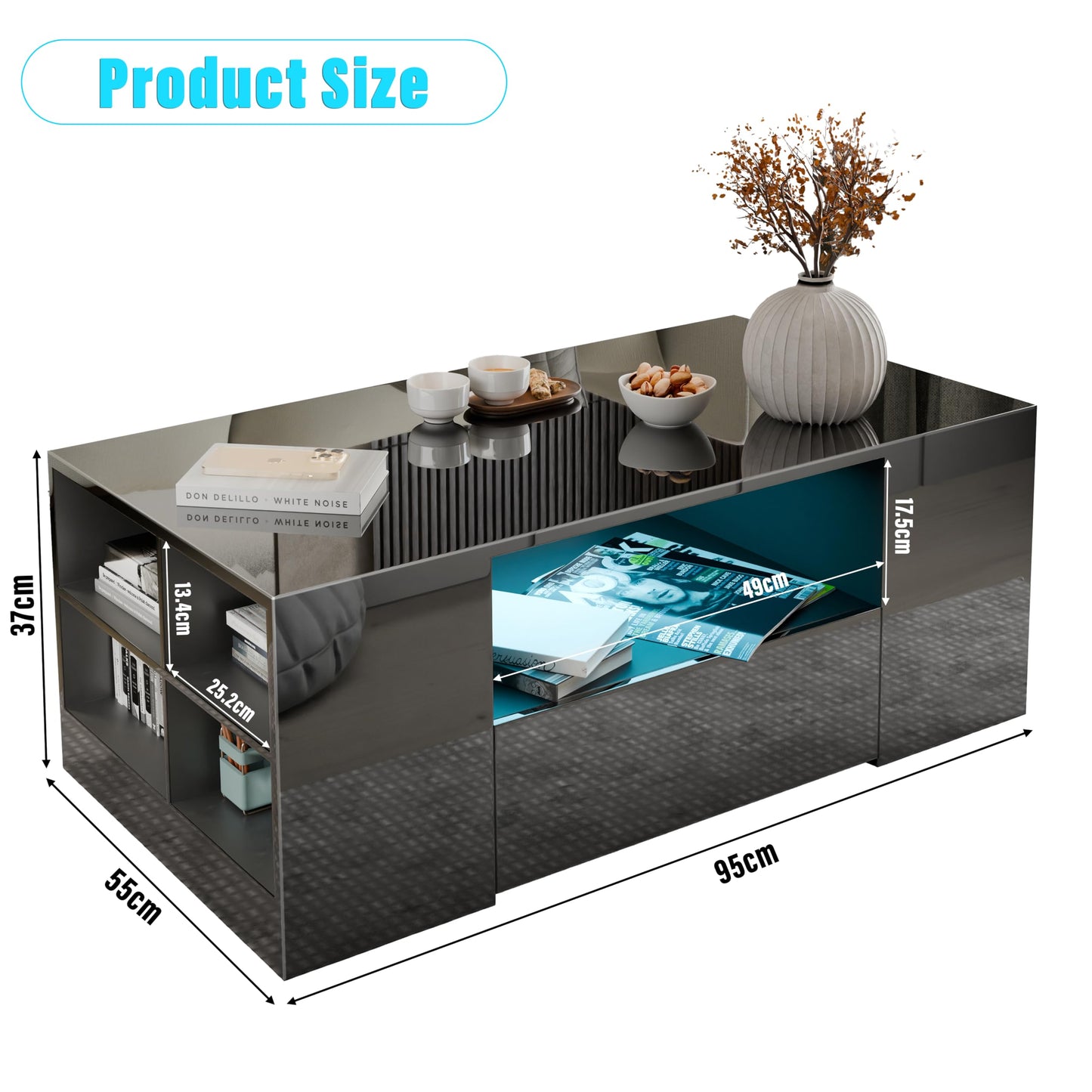 Blisswood Led Coffee Table with 2 Drawer Storage, High Gloss Coffee Table for Living Room Wooden Centre Table with RGB Led Lights Rectangle Tea Table for Living Room Furniture, Black