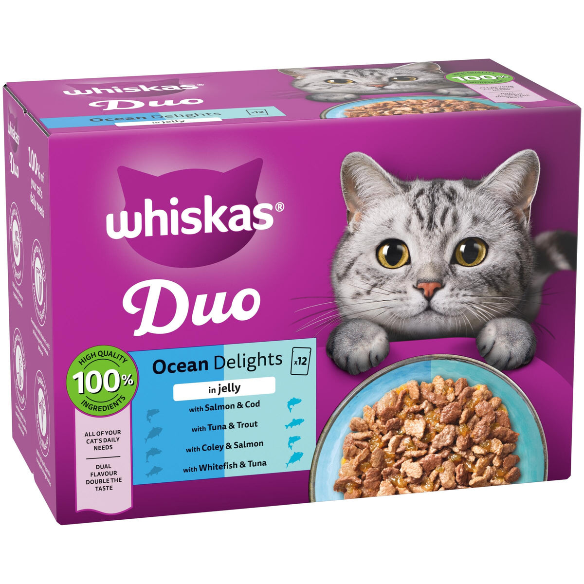 WHISKAS DUO Adult Wet Cat Food in Jelly 12x85g Surf & Turf (Pack of 4)