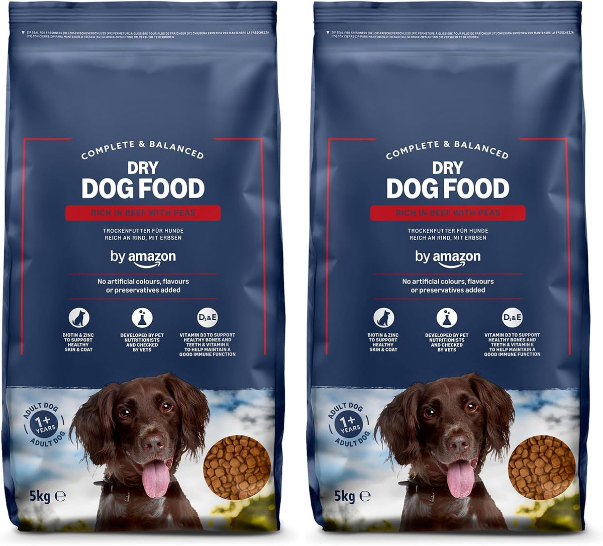 by Amazon - Complete Dry Dog Food for Adult Dogs, Rich in Beef with Peas, 2 Pack of 5kg