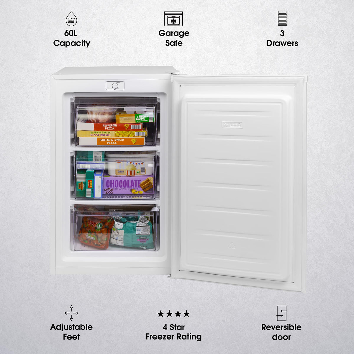 Abode Under Counter Freezer 55cm Wide Freestanding White 91 Litre with 4 Drawers, Adjustable Feet & Reversible Door, 4 Star Freezer, Suitable for Garages & Outbuildings A85UCFZ552E1W (White, 55 cm)