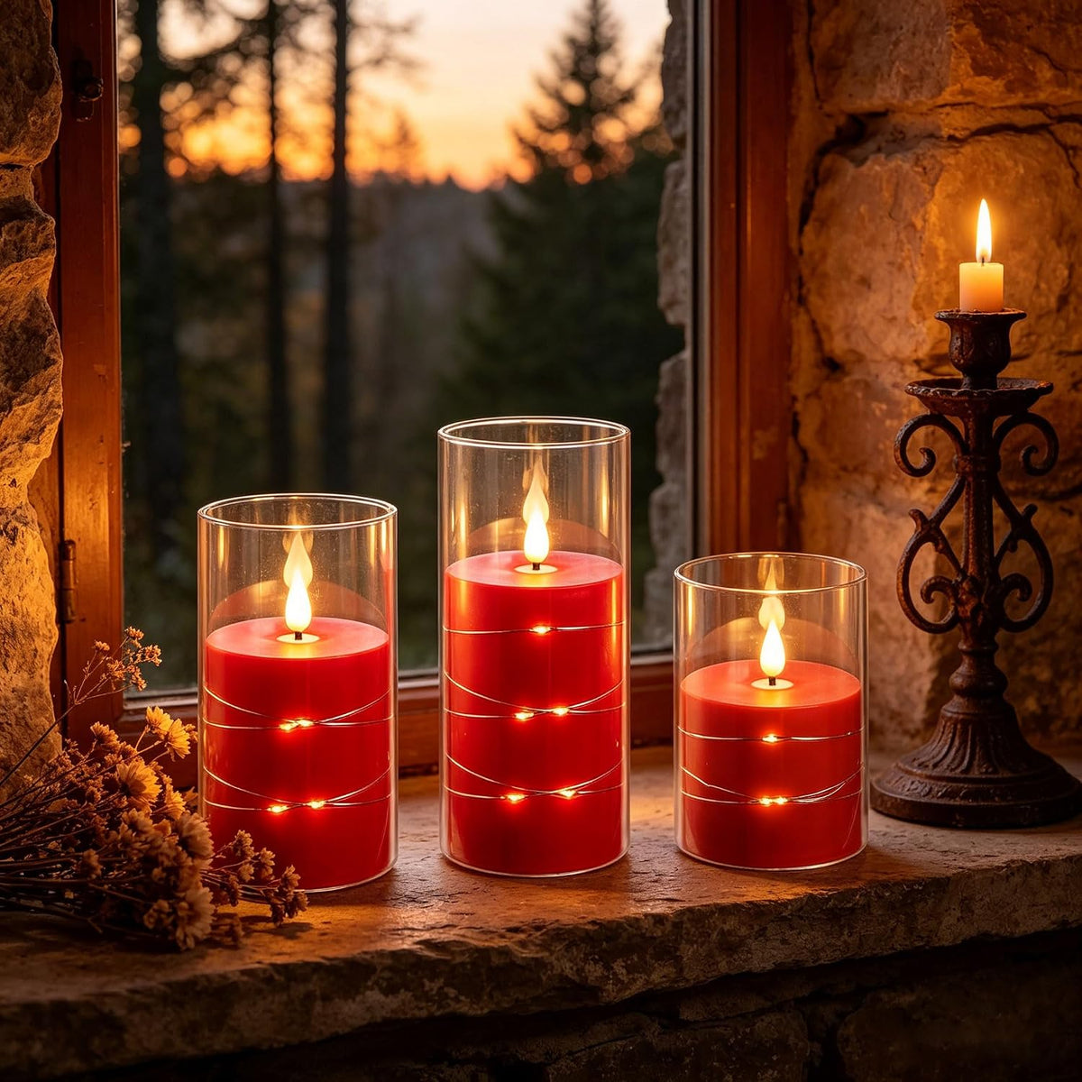 5 Pack Ivory Transparent Taper Candles, Black Wick Flickering Flameless LED Candles with Fairy Lights, Heat Resistant Reusable Plastic Candles, Remote Control, 14/14/16/18/20cm, Indoor Outdoor Decor