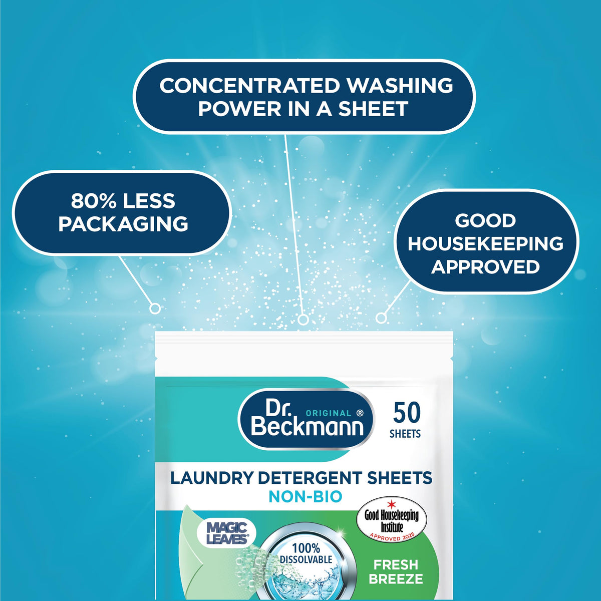Dr. Beckmann Laundry Detergent Sheets, NON-BIO, Fresh Breeze, 25 Sheets