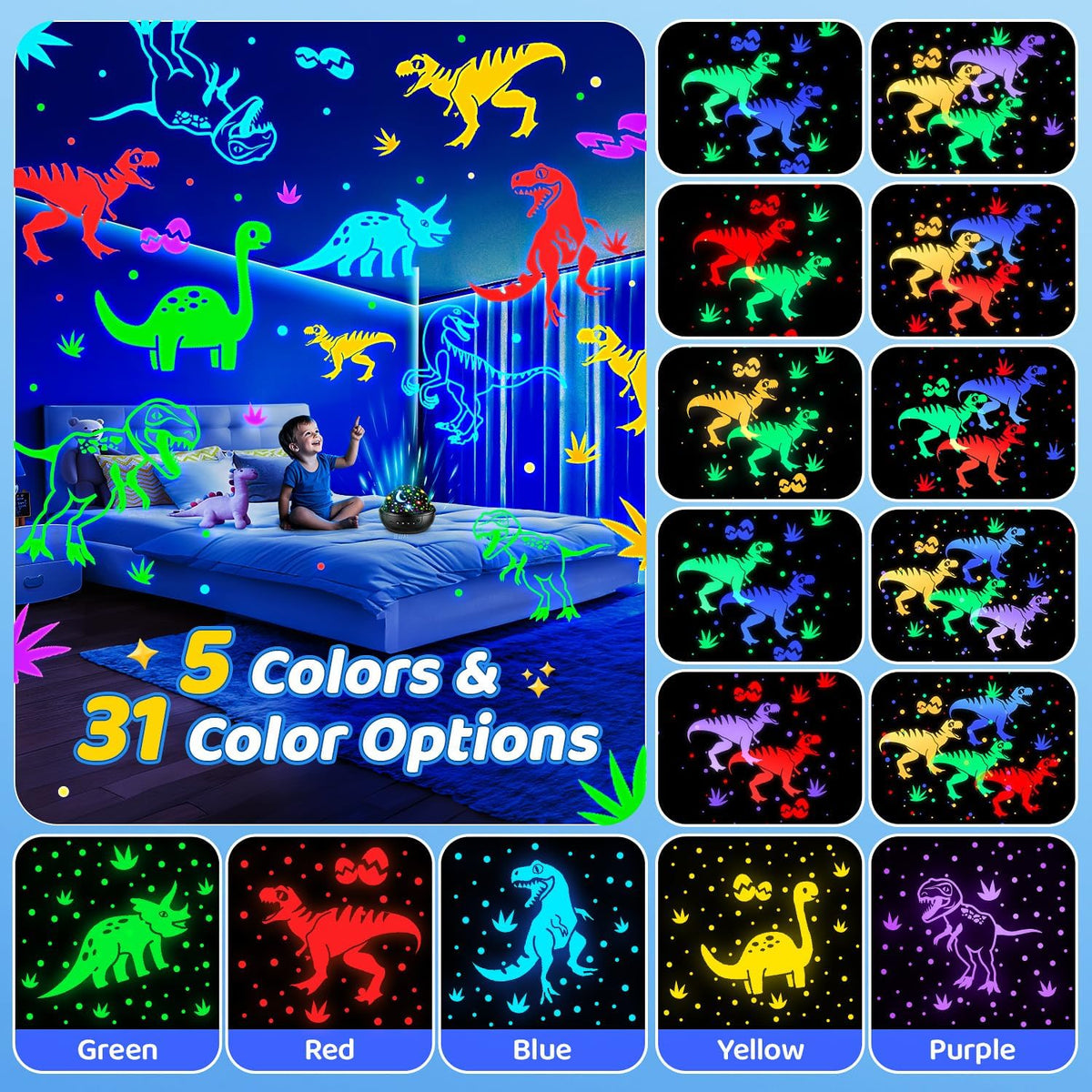 Dinosaur Toys for Boys,3HD Films Night Light Projector,31 Colors Boy Toys