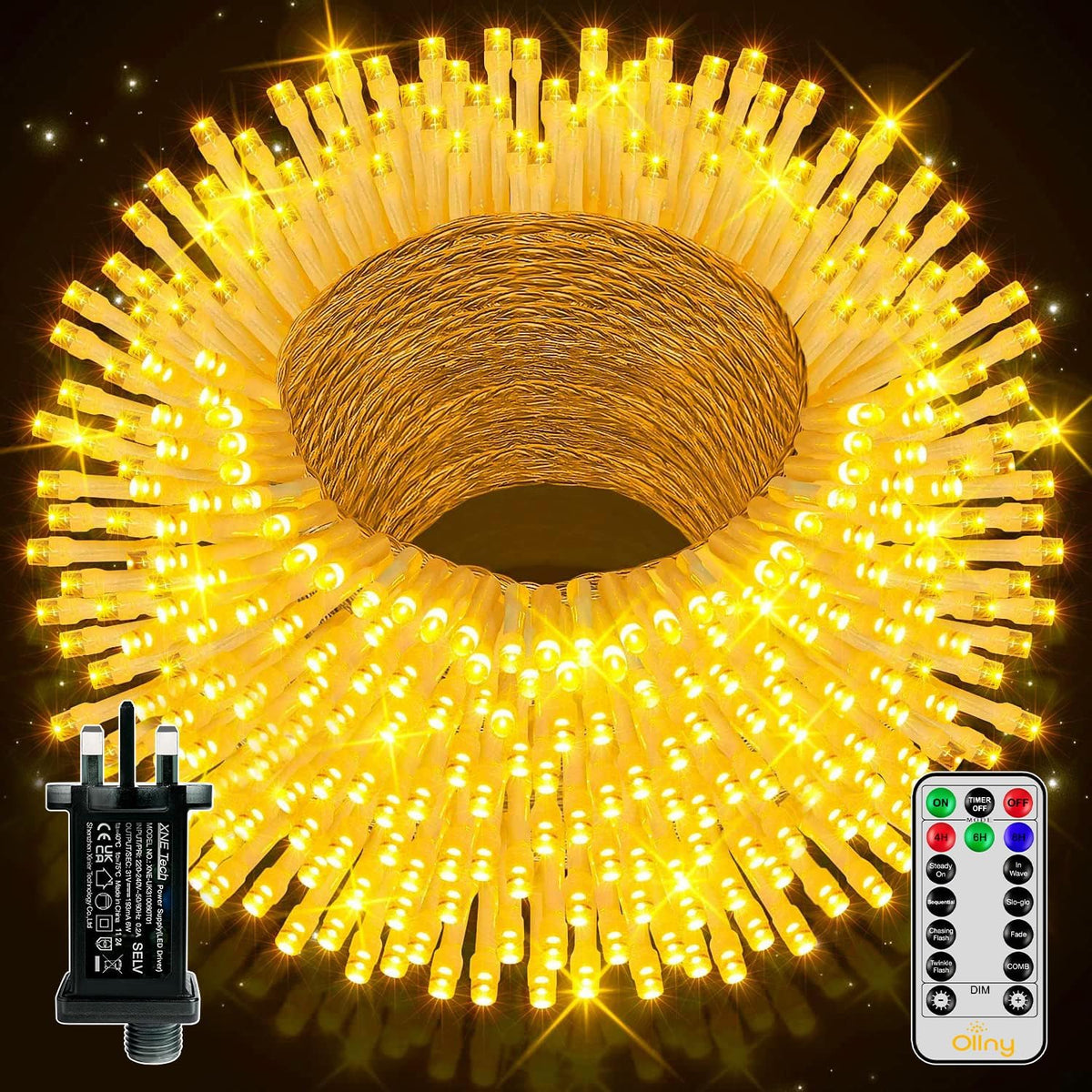 Ollny Fairy Lights Mains Powered 20m 200 LED Outdoor String Plug Remote