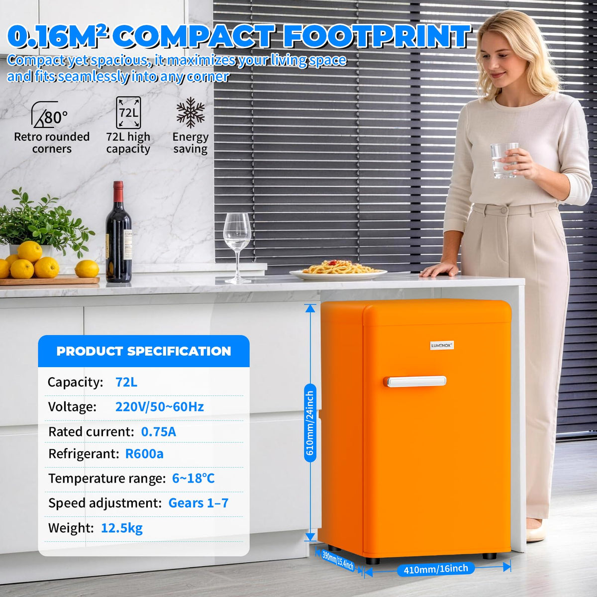 Retro Mini Fridge, 72L Compact Refrigerator, 43dB Quiet Operation, Adjustable 7-Temp Control, with LED Light, for Bedroom, Office, Kitchen & RV