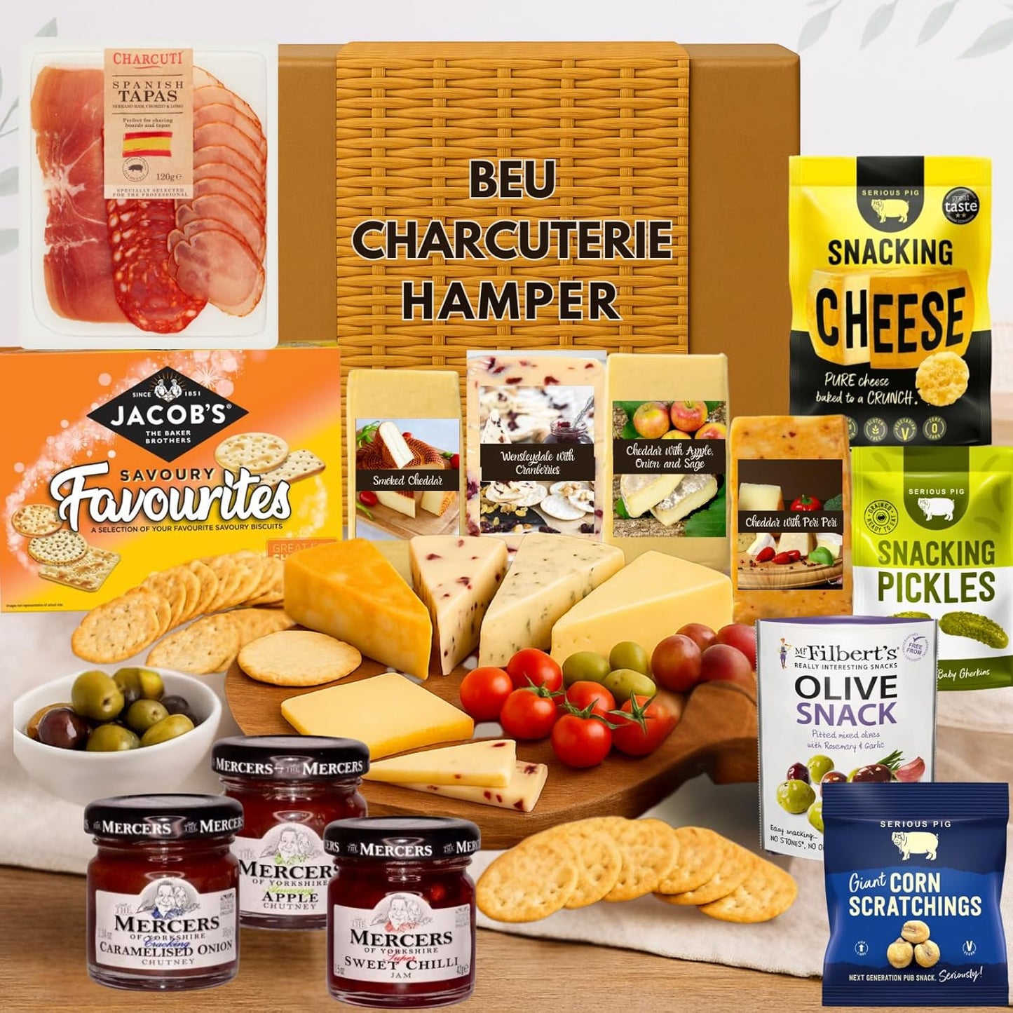 Charcuterie Hamper Gift Box – Meat, Cheese Wedge, Chutney, Crackers Mix, Pickles, Olives & Snacks for Charcuterie Boards - Food Hamper & Gourmet Gifts, Cheese Hampers for Men & Women