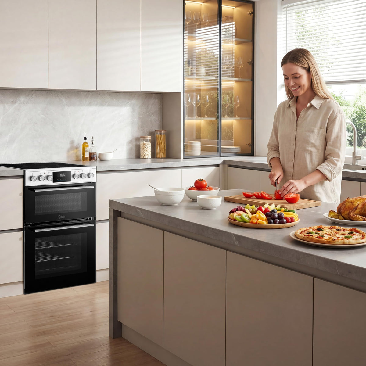 Midea 71L, 60cm Wide, Single Electric Built-in Fan Oven with Air Fry, 12 Oven Functions, Aqua Clean, LED Display, Convection, ECO, MultiLevel Cooking, Color Black - MBO65M90D2-BK