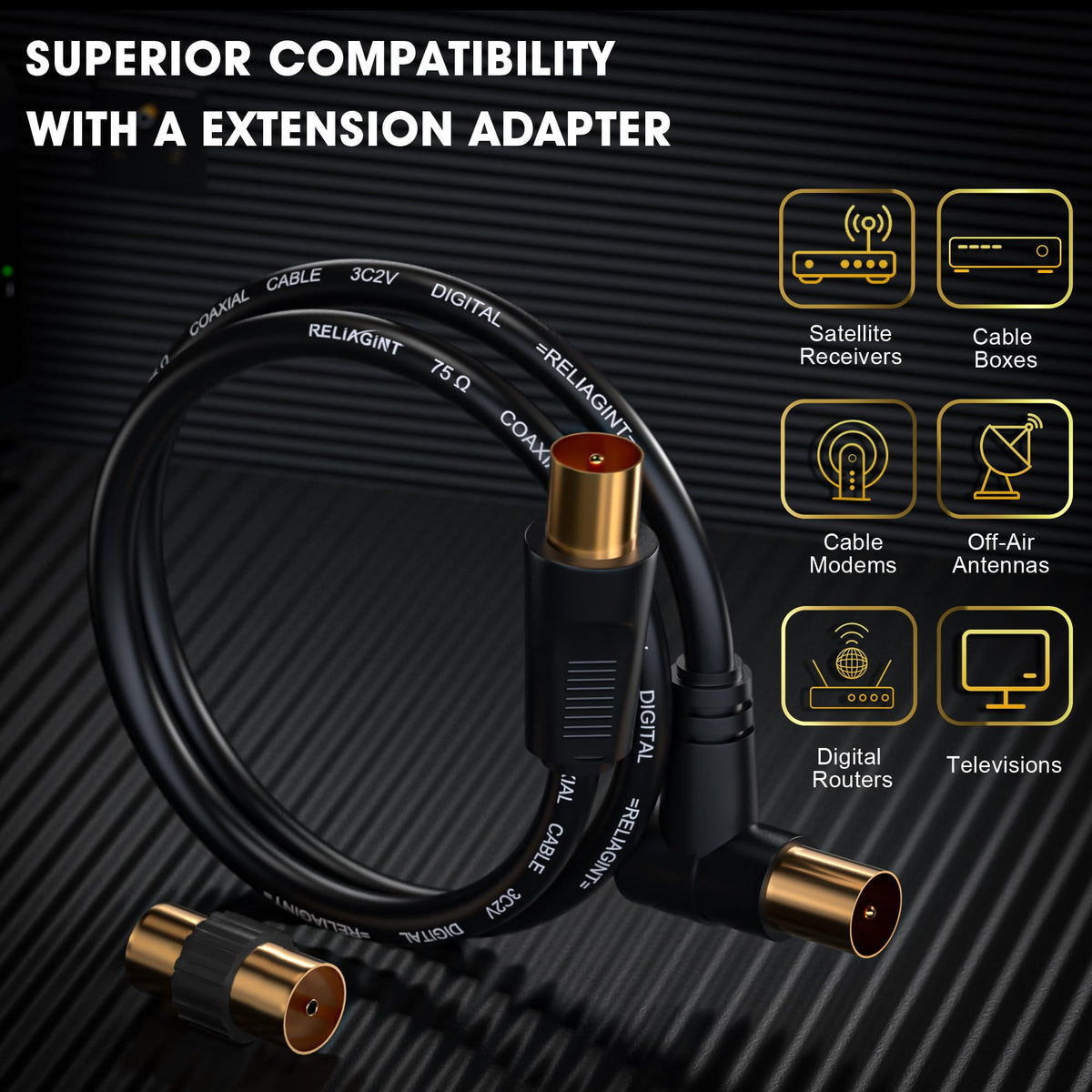 TV Aerial Cable 1m, 75 Ohm Coaxial Lead, IEC 9.5mm Male to Male 3C2V Pure Copper Dual Shielded, Right-Angle Connector, Female to Female Adaptor Included, Black