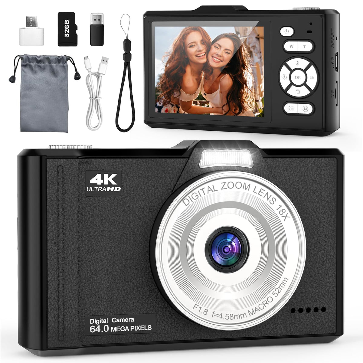 Digital Camera 4K 64MP Portable Vlogging Camera with 32GB SD Card