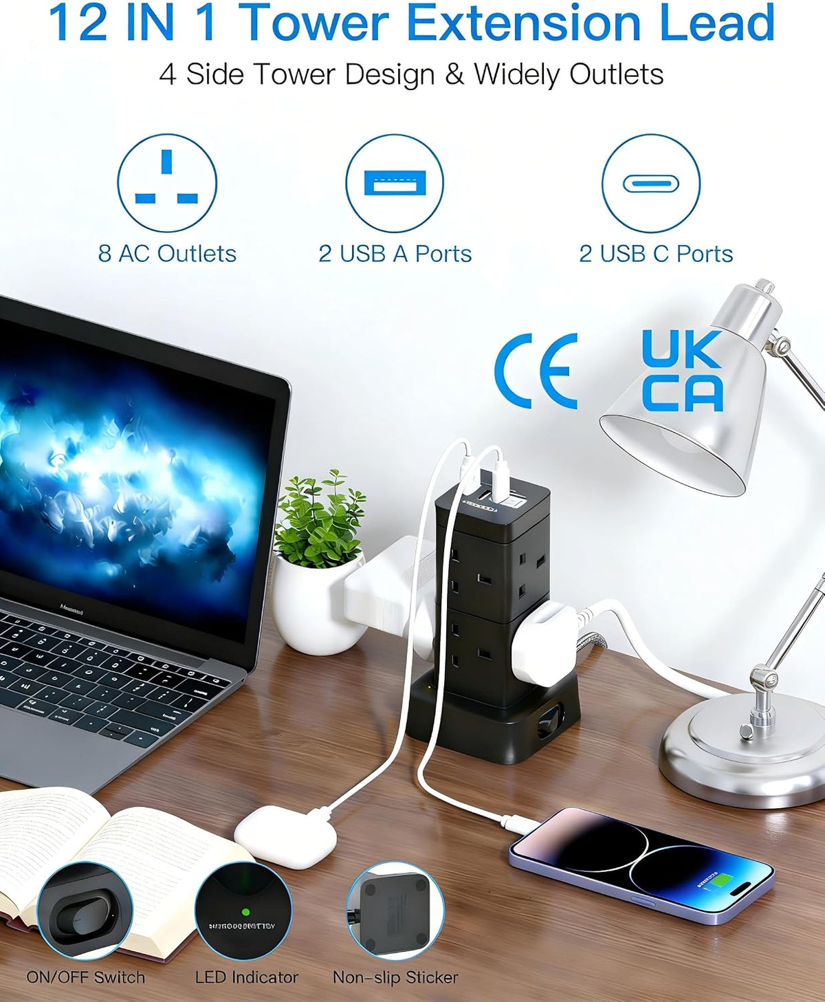 5M Extra Long Tower Extension Lead with 2 USB C, 8 Way Outlets Power Strip