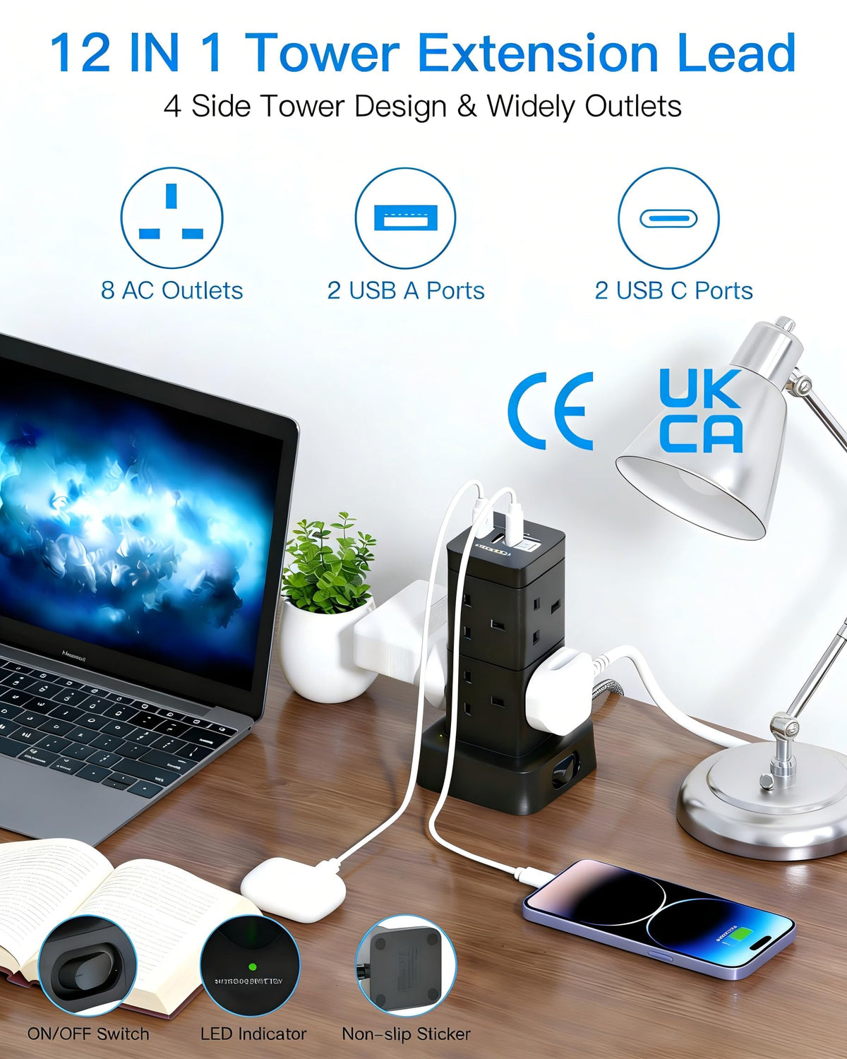5M Extra Long Tower Extension Lead with 2 USB C, 8 Way Outlets Power Strip