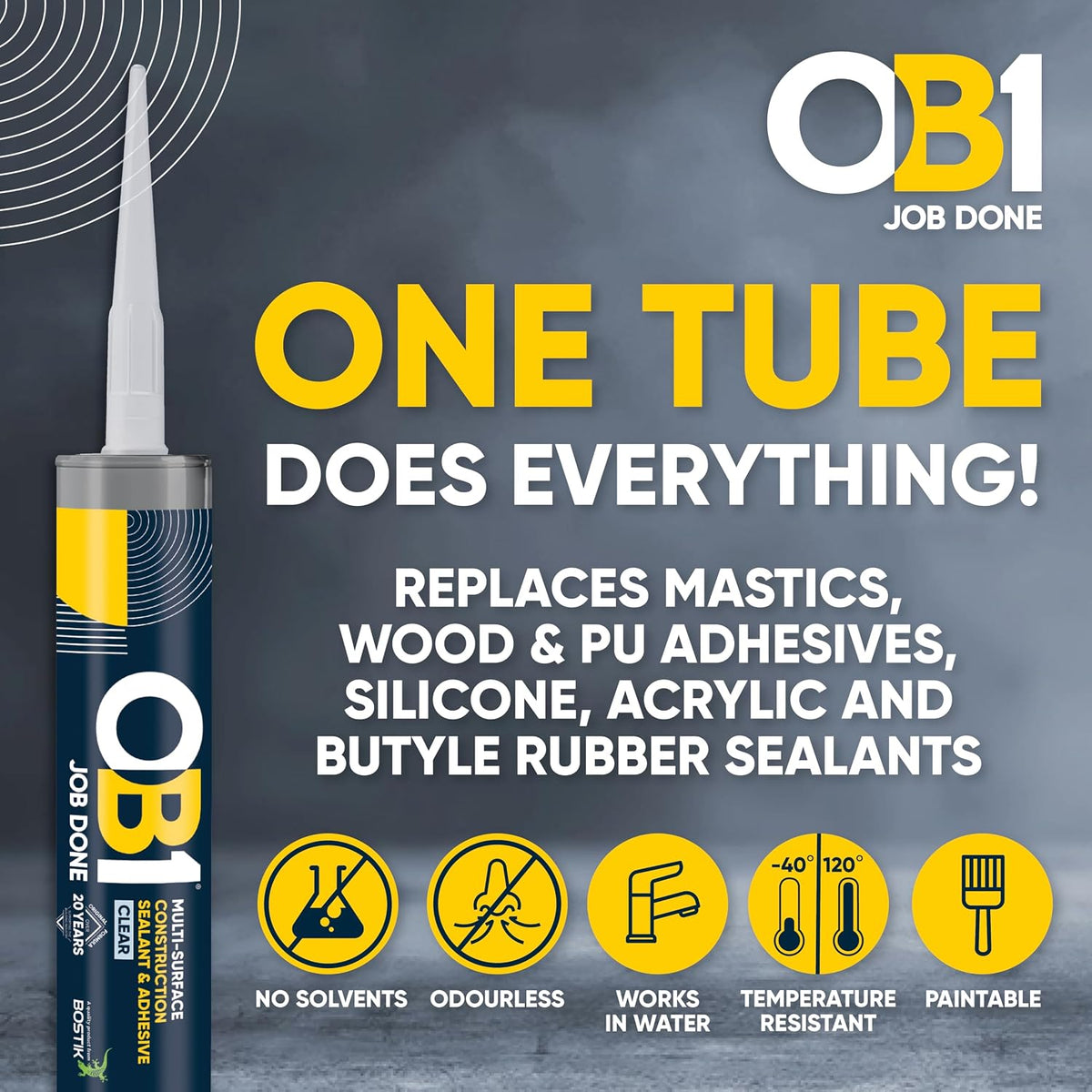 OB1 Clear Multi-Surface Construction Sealant & Adhesive, 290ml 2in1 formula