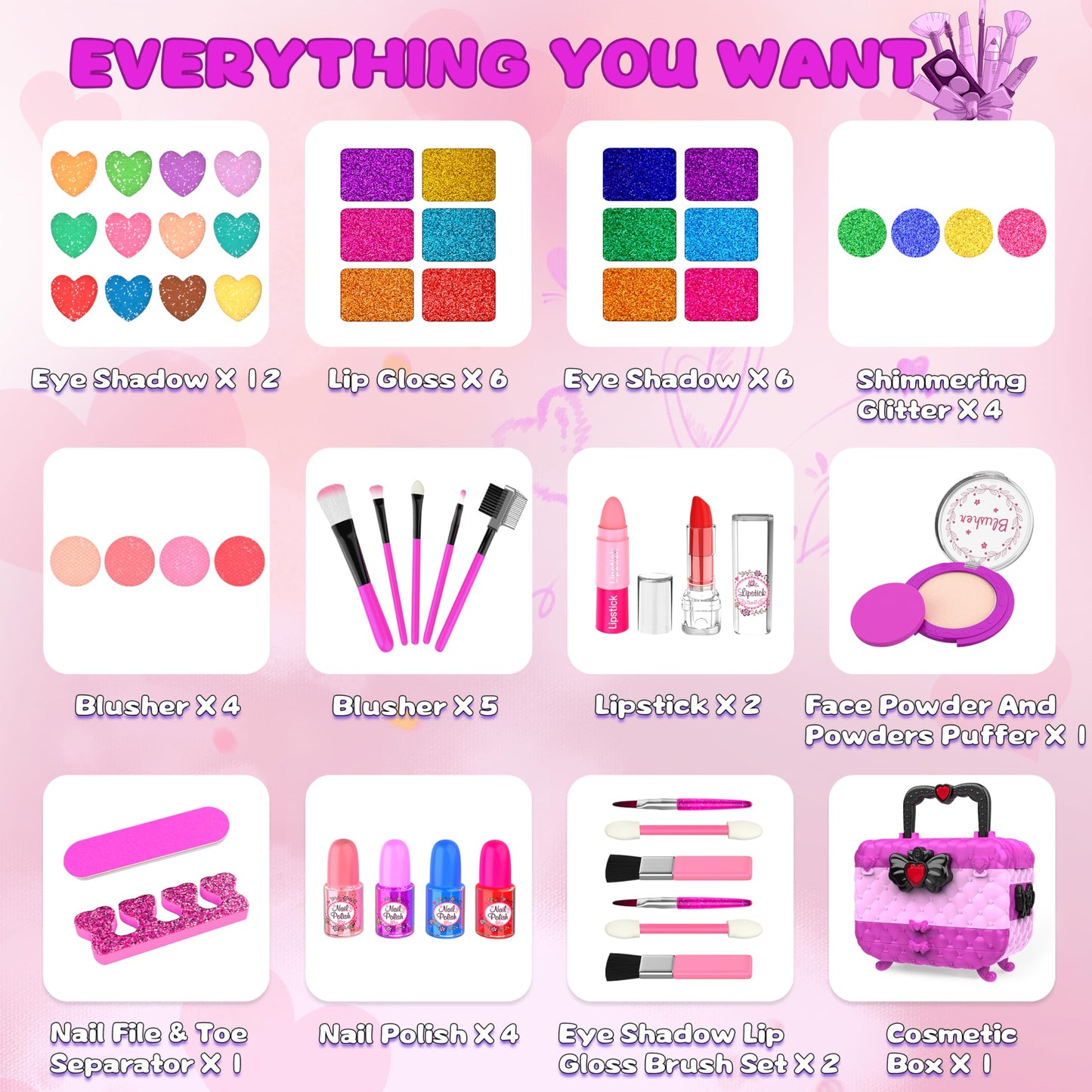 54 Pcs Kids Makeup Kits for Little Girls, Non-Toxic and Safe, Princess Real Washable Pretend Play Cosmetic Set Toys with Mirror, Birthday Gifts for 3 4 5 6 7 8 9 10-12 Years Old Girls Kids