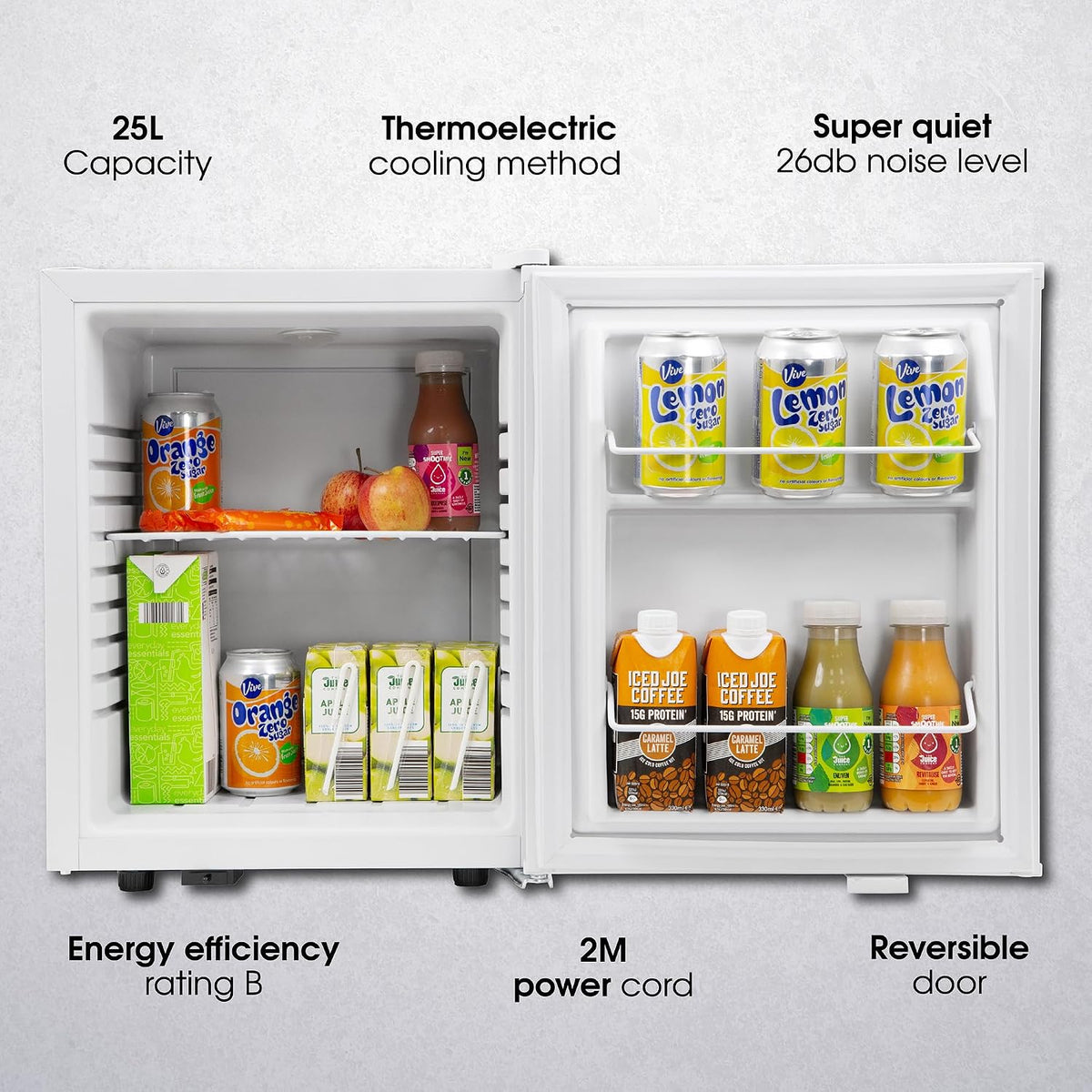 Abode Quiet Mini Cooler 25L Thermoelectric for Drinks with Adjustable Thermostat, Portable in White, Compact For Bedroom, Home, Caravan with Reversible Door A25THBC102W