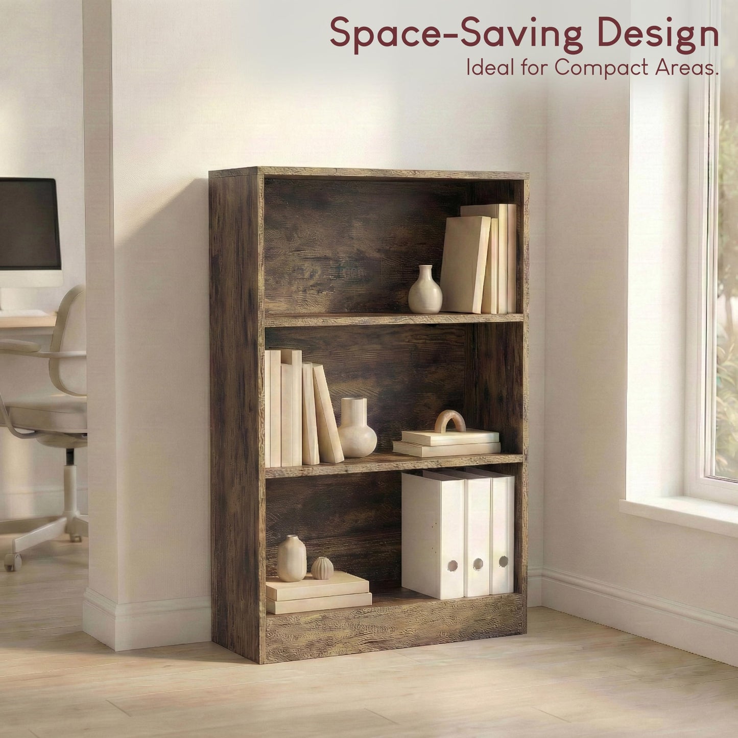 Vida Designs Cambridge 3 Tier Low Bookcase, White Wooden Shelving Display Storage Unit Office Living Room Furniture
