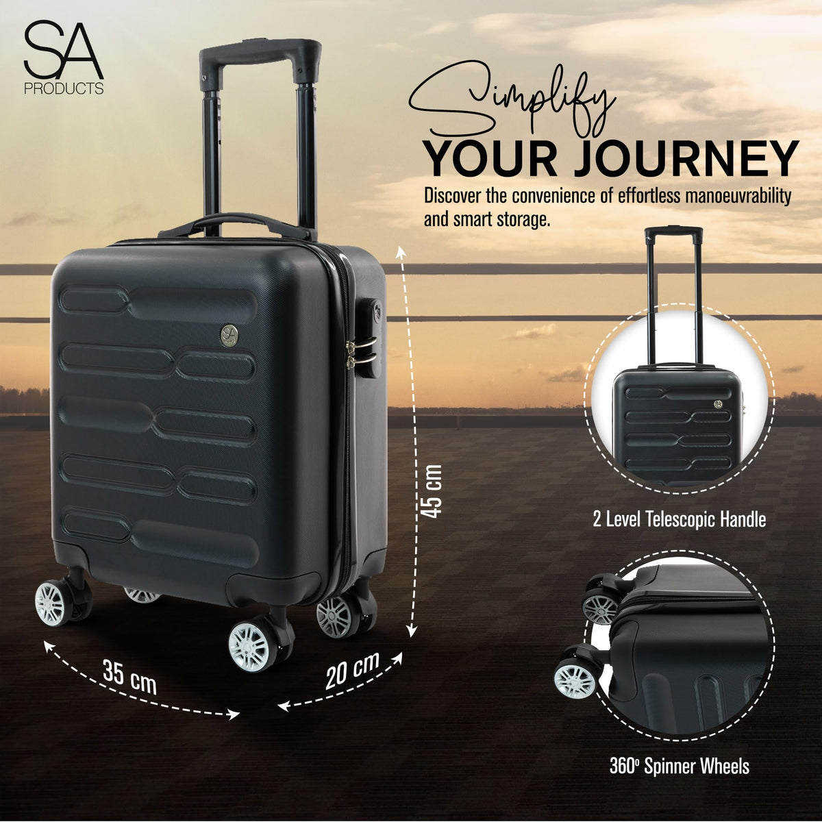 SA Products Cabin Suitcase - 34L Carry On Hard Shell Bag - 55x40x20 - Grey