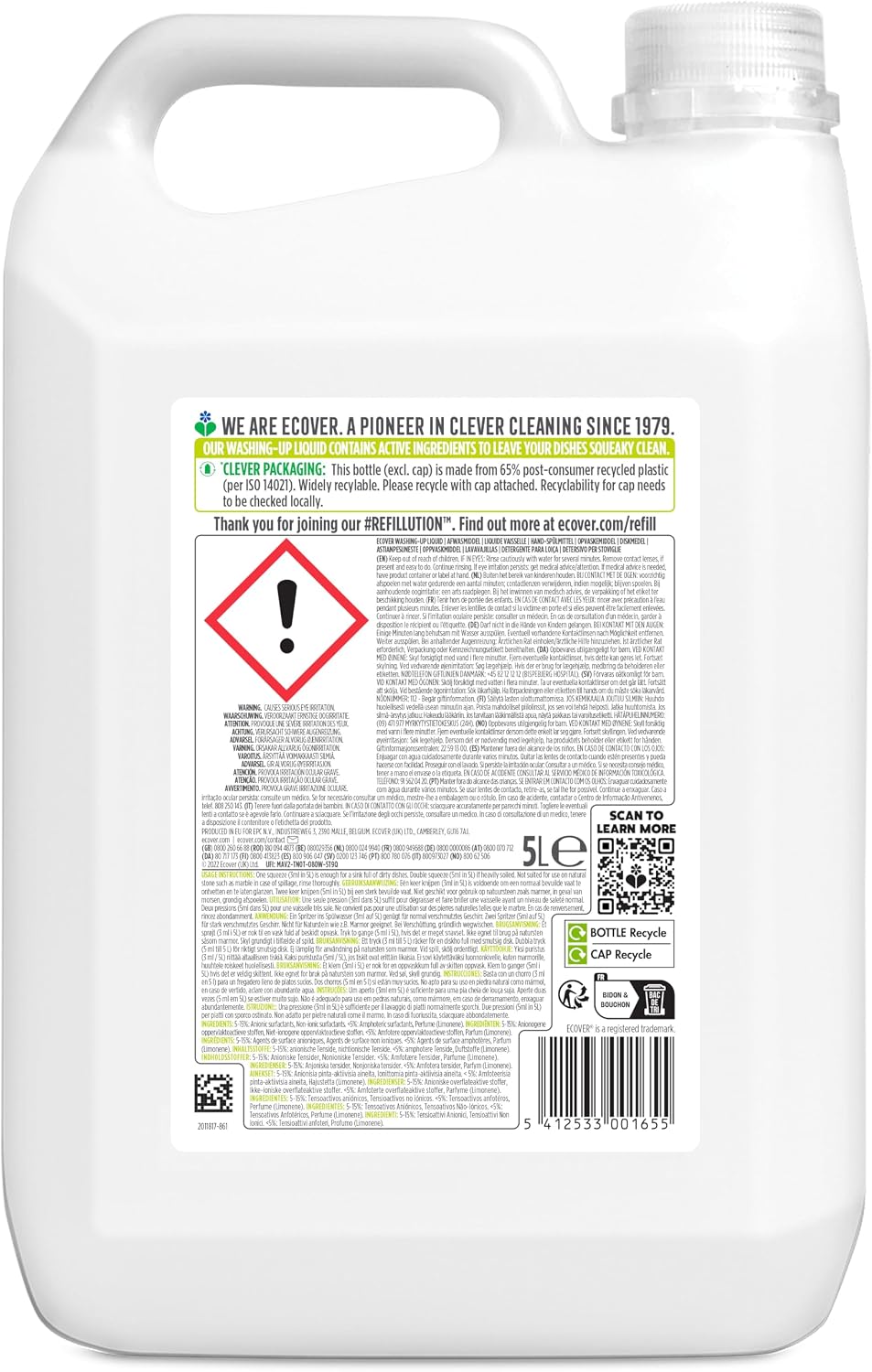Ecover Washing Up Liquid Refill, Lemon & Aloe Vera, Grease Cutting, 5L